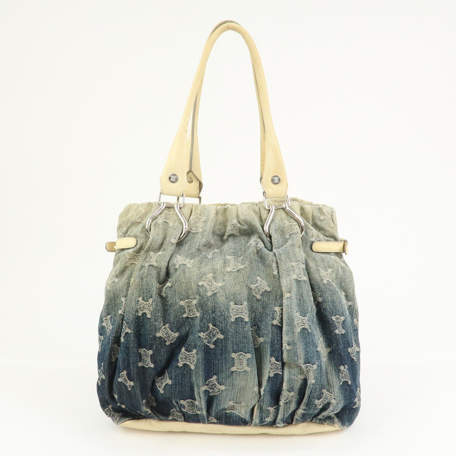 CELINE Macadam Denim Emboss Leather Tote Bag Hand Bag Blue Ivory