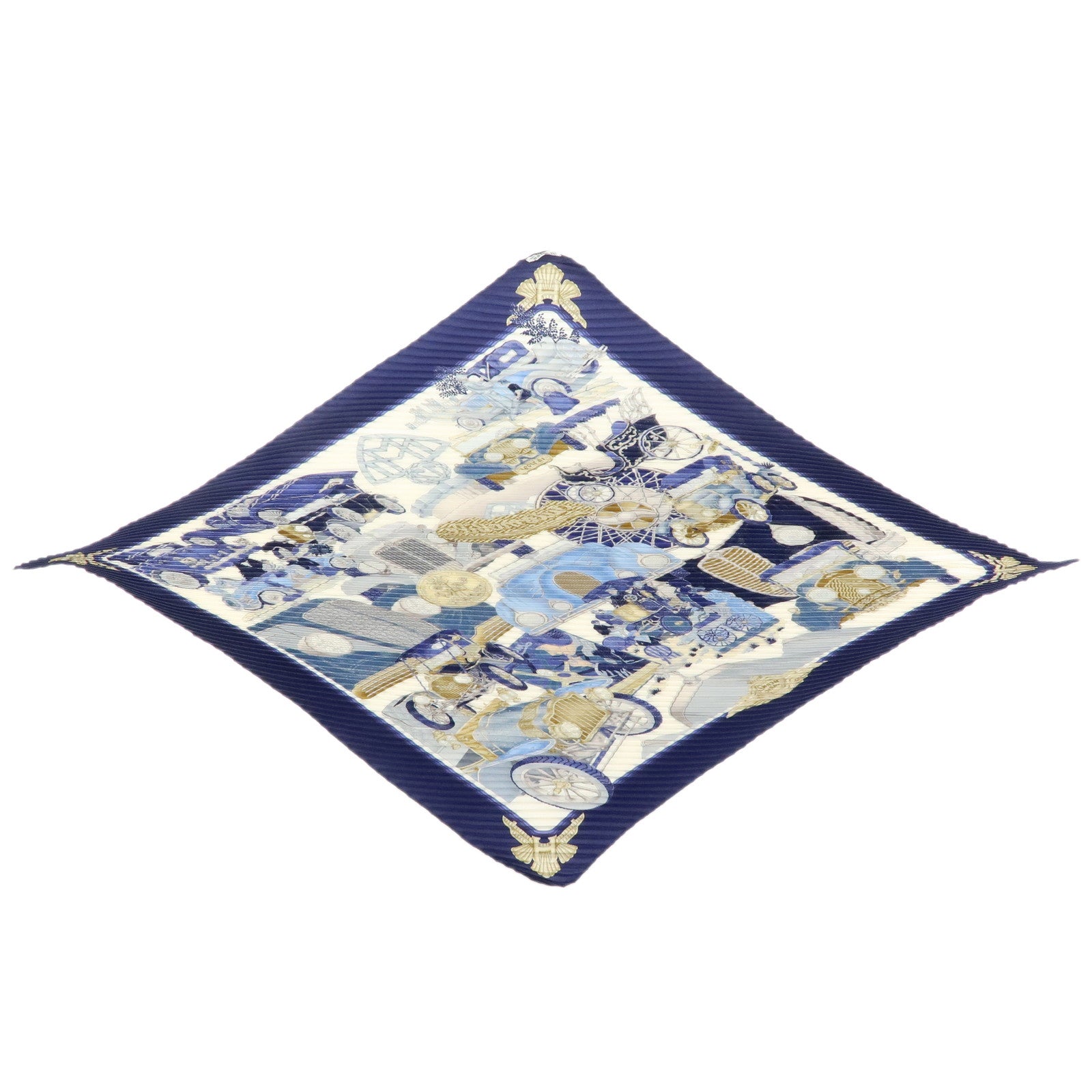 HERMES Pleated Carre 90 Silk 100% Scarf Automobile Print Navy White