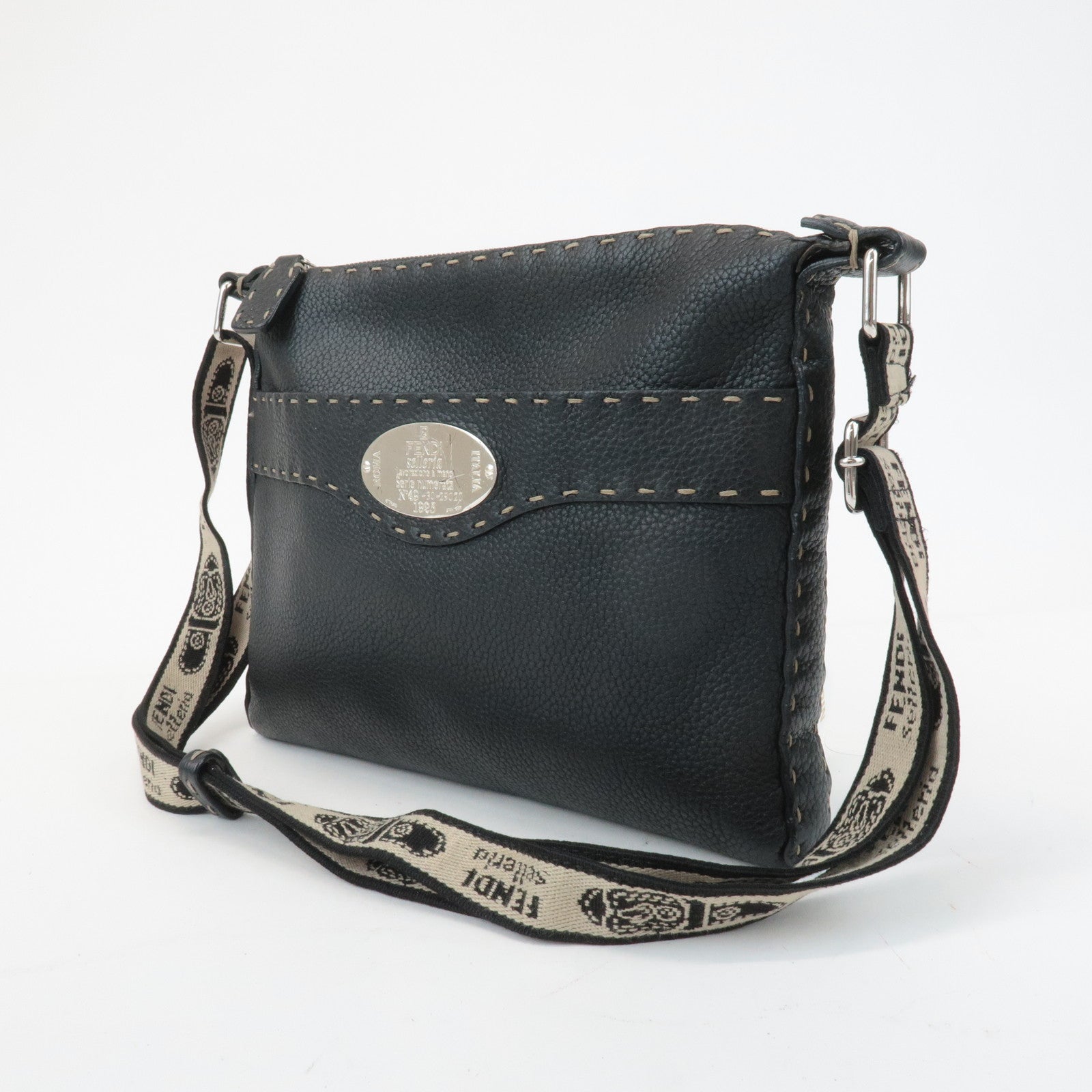 FENDI Selleria Leather Shoulder Bag Crossbody Bag Black 8BT092 Used