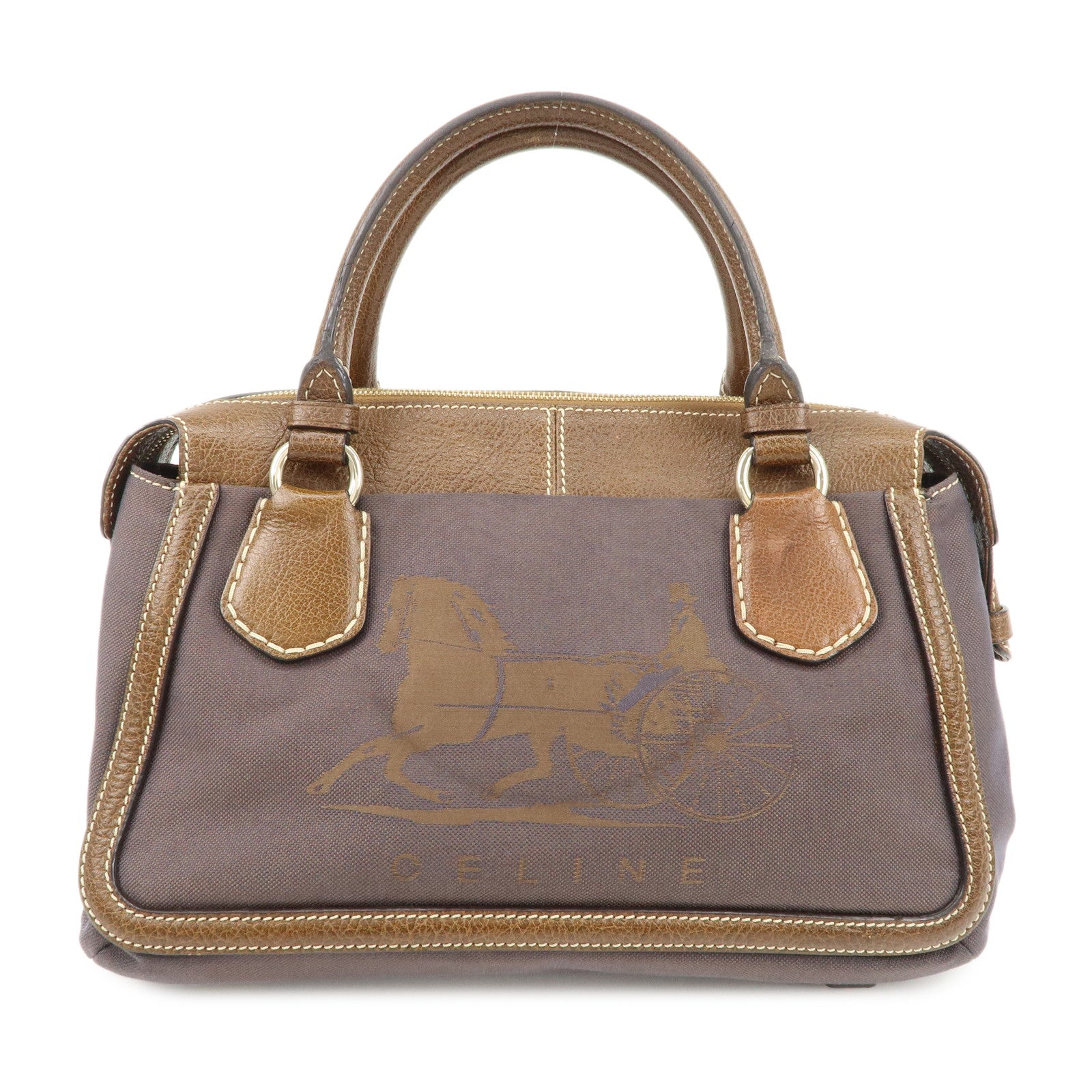 CELINE Leather Canvas Hand Bag Sulky Print Brown Used