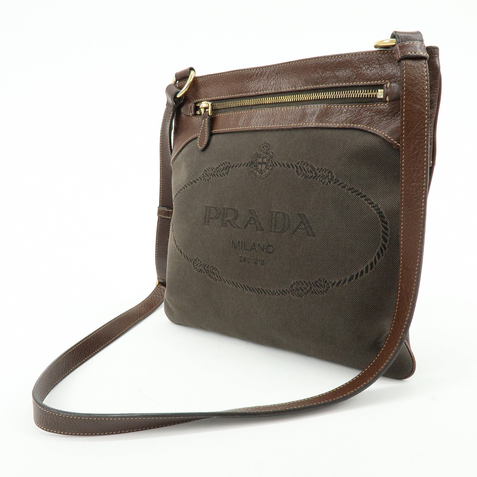 PRADA Logo Jacquard Leather Shoulder Bag Crossbody Bag Brown