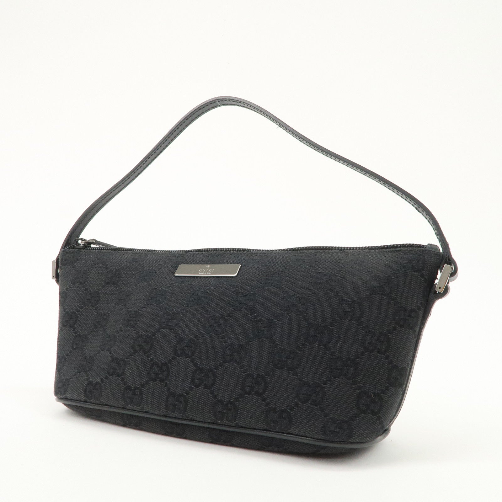 GUCCI Boat Bag GG Canvas Leather Hand Bag Pouch Black 07198