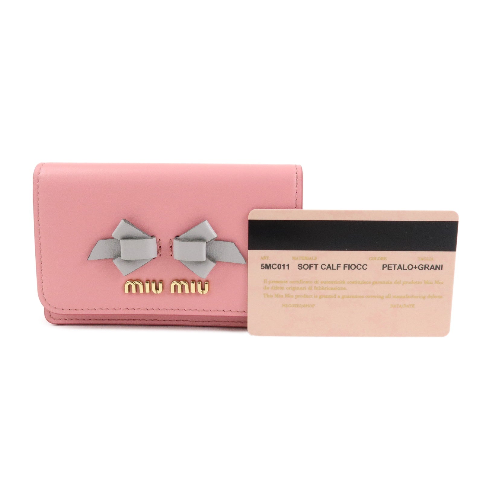 MIU MIU Leather Ribbon Bifold Card Case Pink Gray 5MBC011 Used