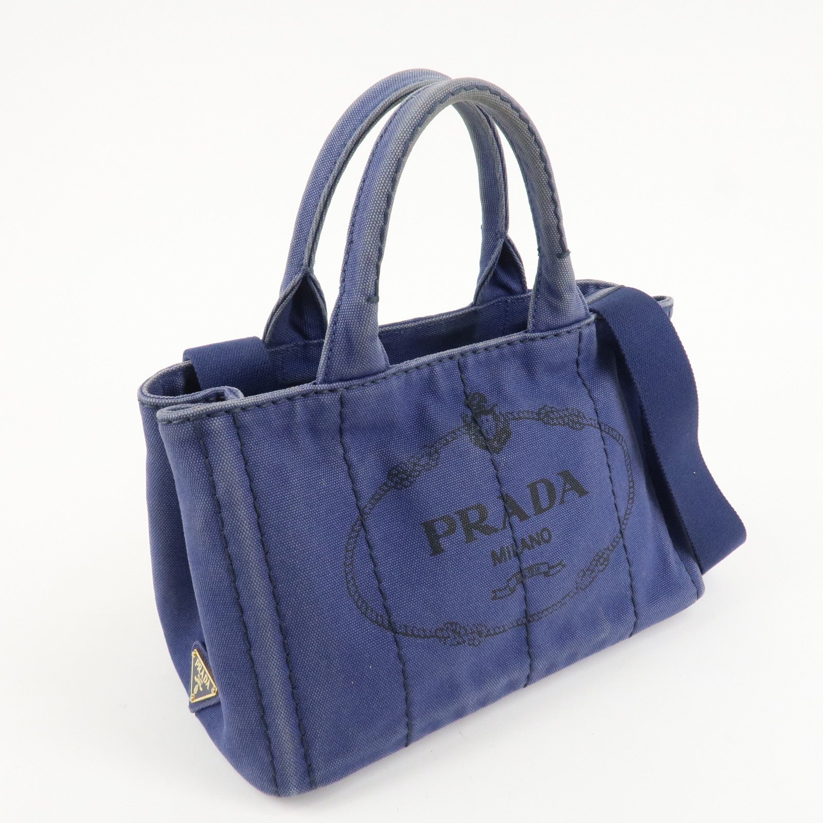 PRADA Logo Canapa Canvas 2Way Tote Bag Hand Bag Navy B2642B Used