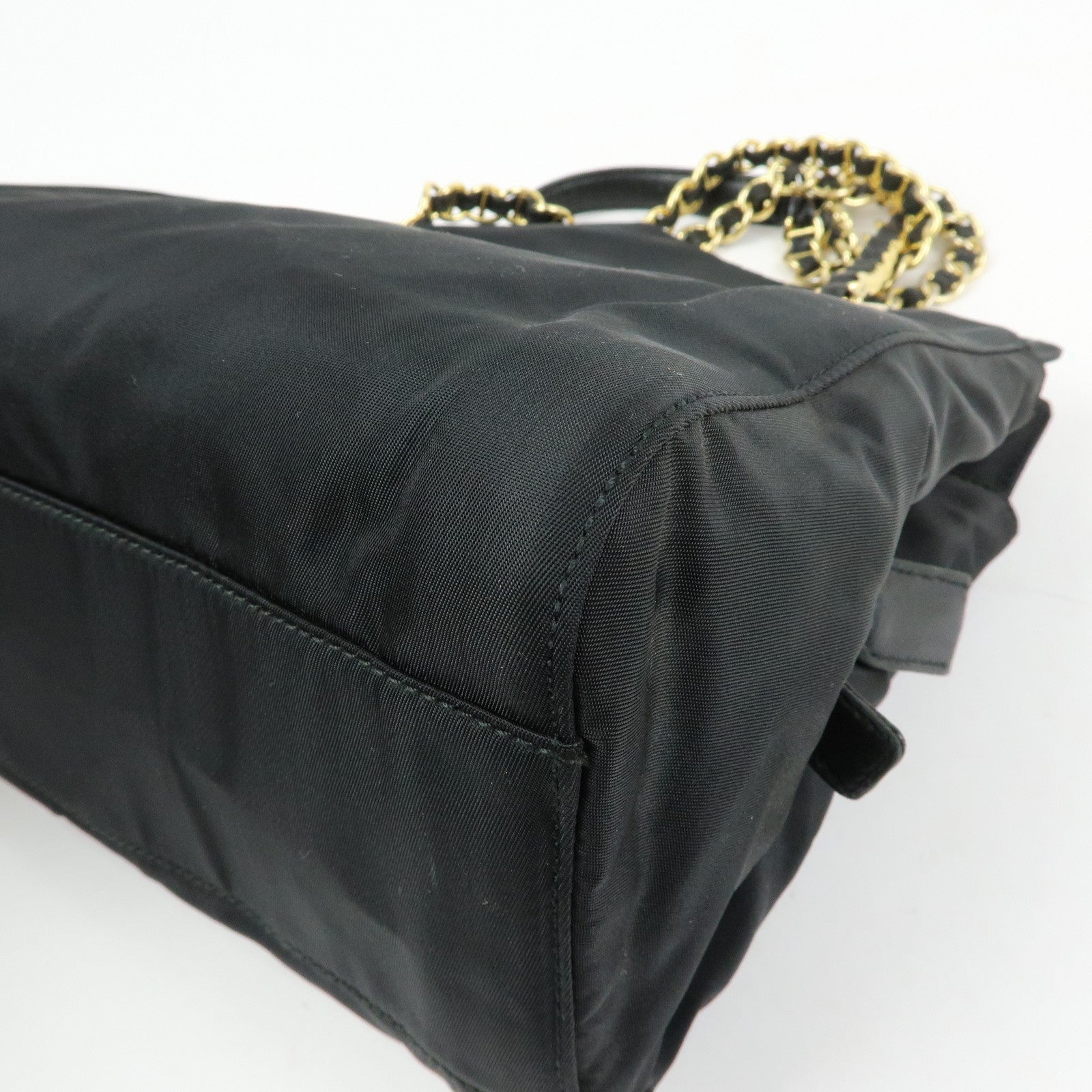 PRADA Triangle Logo Nylon Leather Chain Shoulder Bag Black B4394