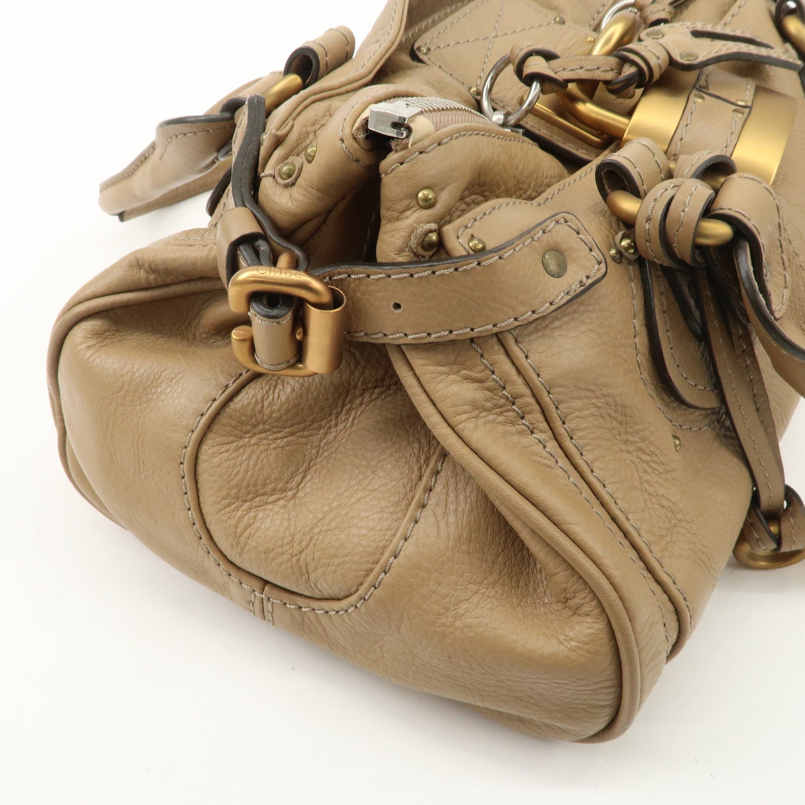 Chloe Paddington Leather Hand Bag Shoulder Bag Medium Beige Used