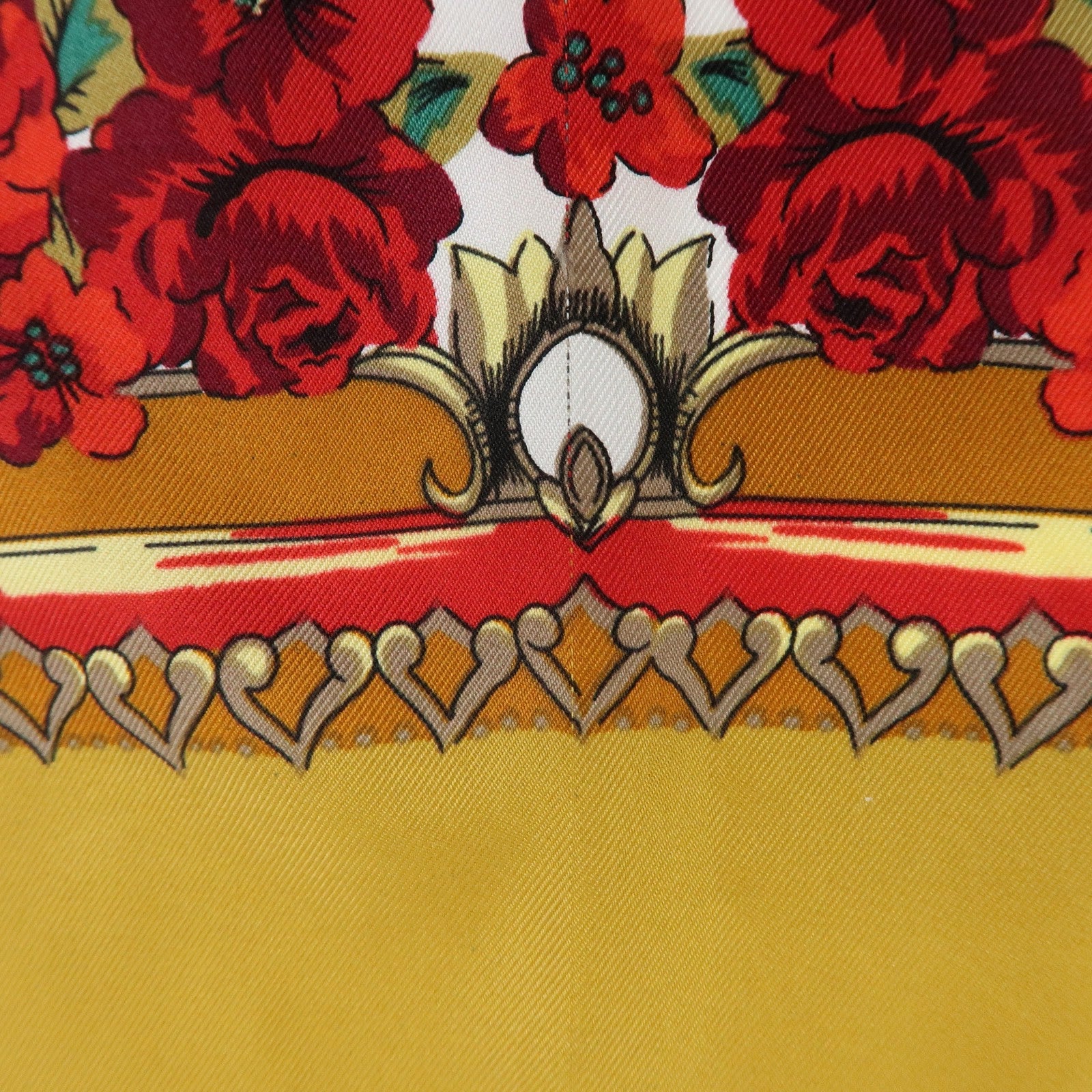 CHANEL Silk 100% Scarf COCO Mark Flower Motif Gold Red