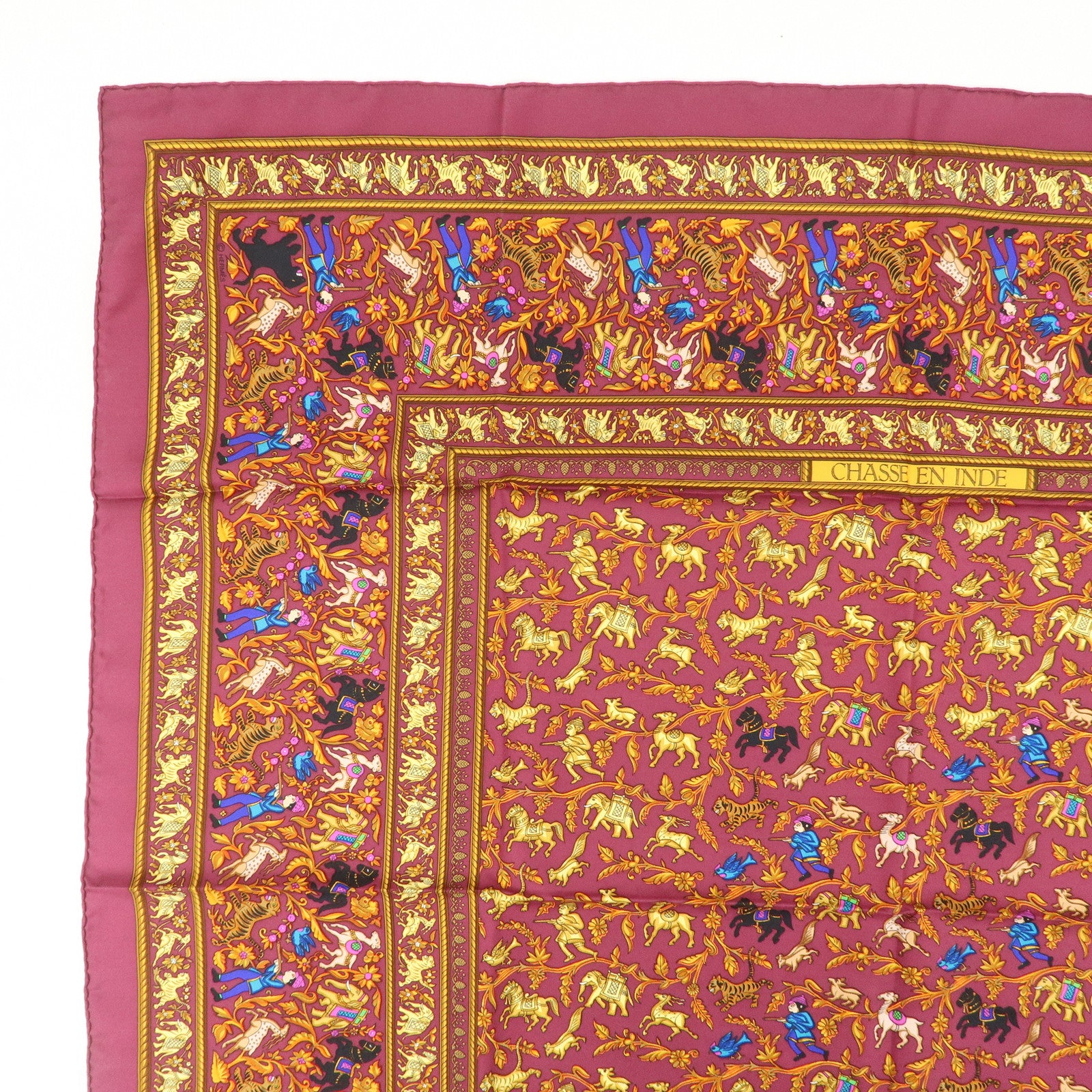 HERMES Carre 90 Silk 100% Scarf CHASSE EN INDE Bordeaux