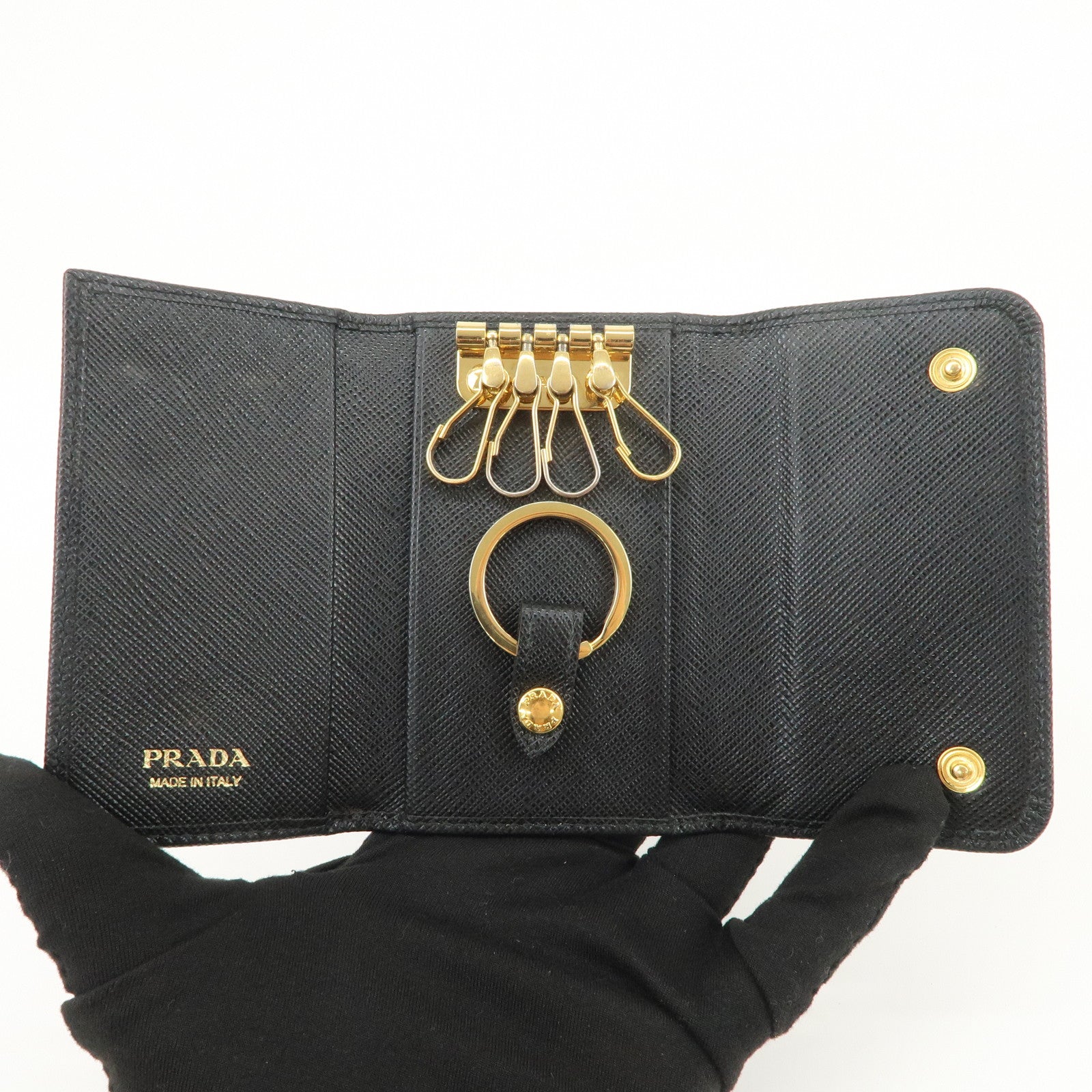 PRADA Logo Saffiano Leather Key Case Key Holder Black