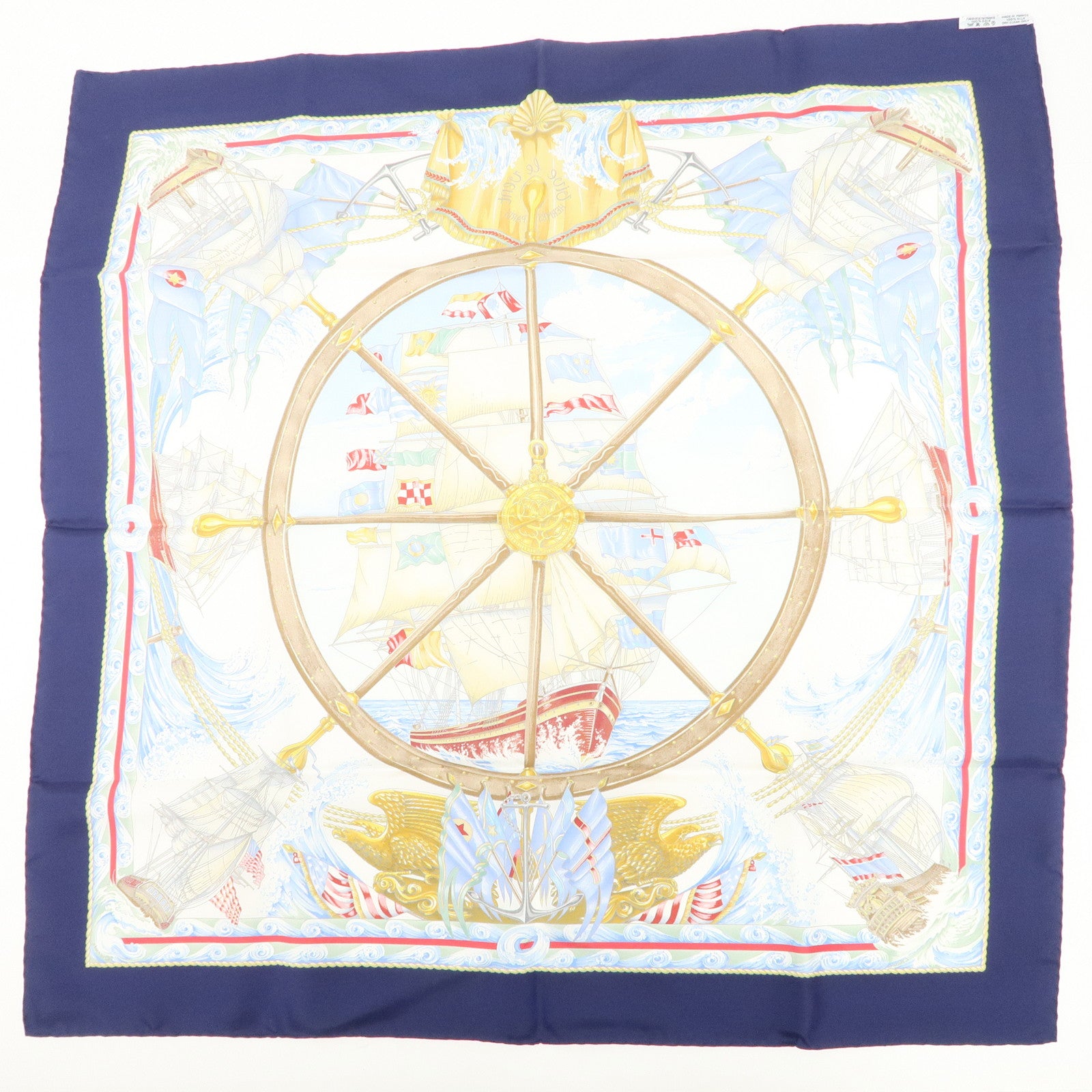 HERMES Carre 90 Silk 100% Scarf Vive Le Vent Blue Navy White Used