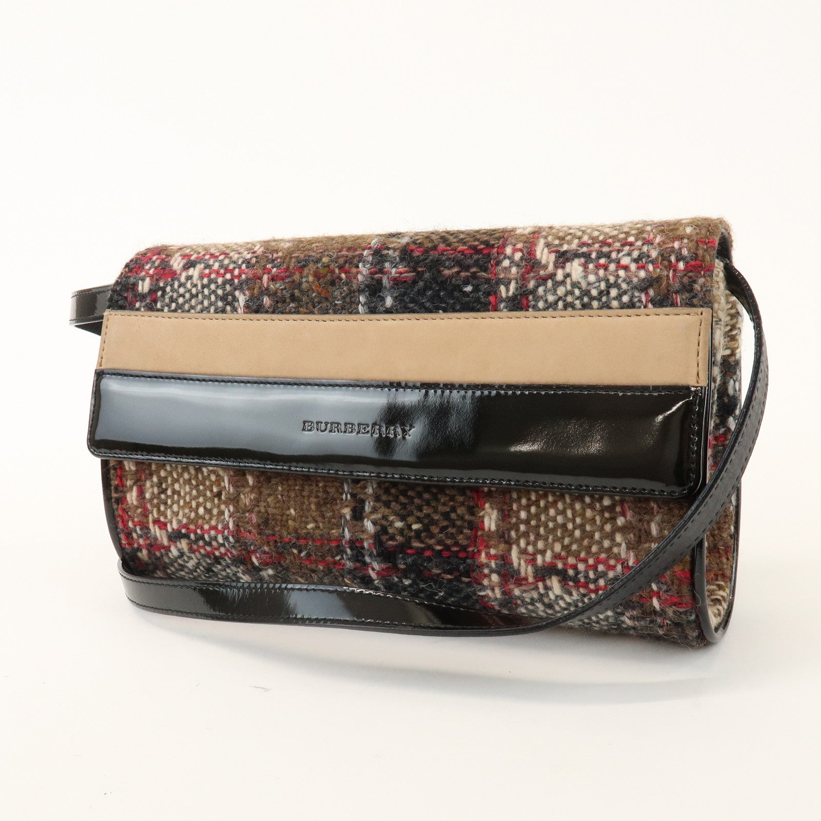 BURBERRY Tweed Patent Leather Suede Shoulder Bag Plaid Beige Black