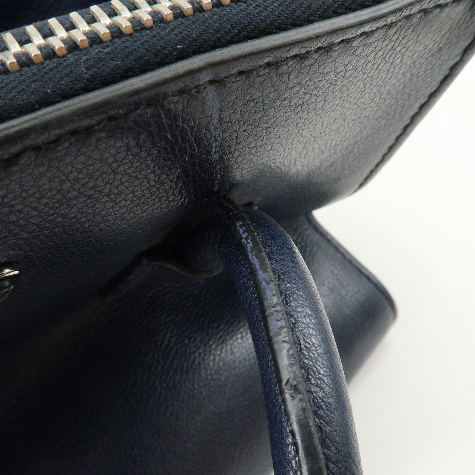 PRADA Triangle Logo Leather 2Way Bag Tote Bag Hand Bag Navy B2625M