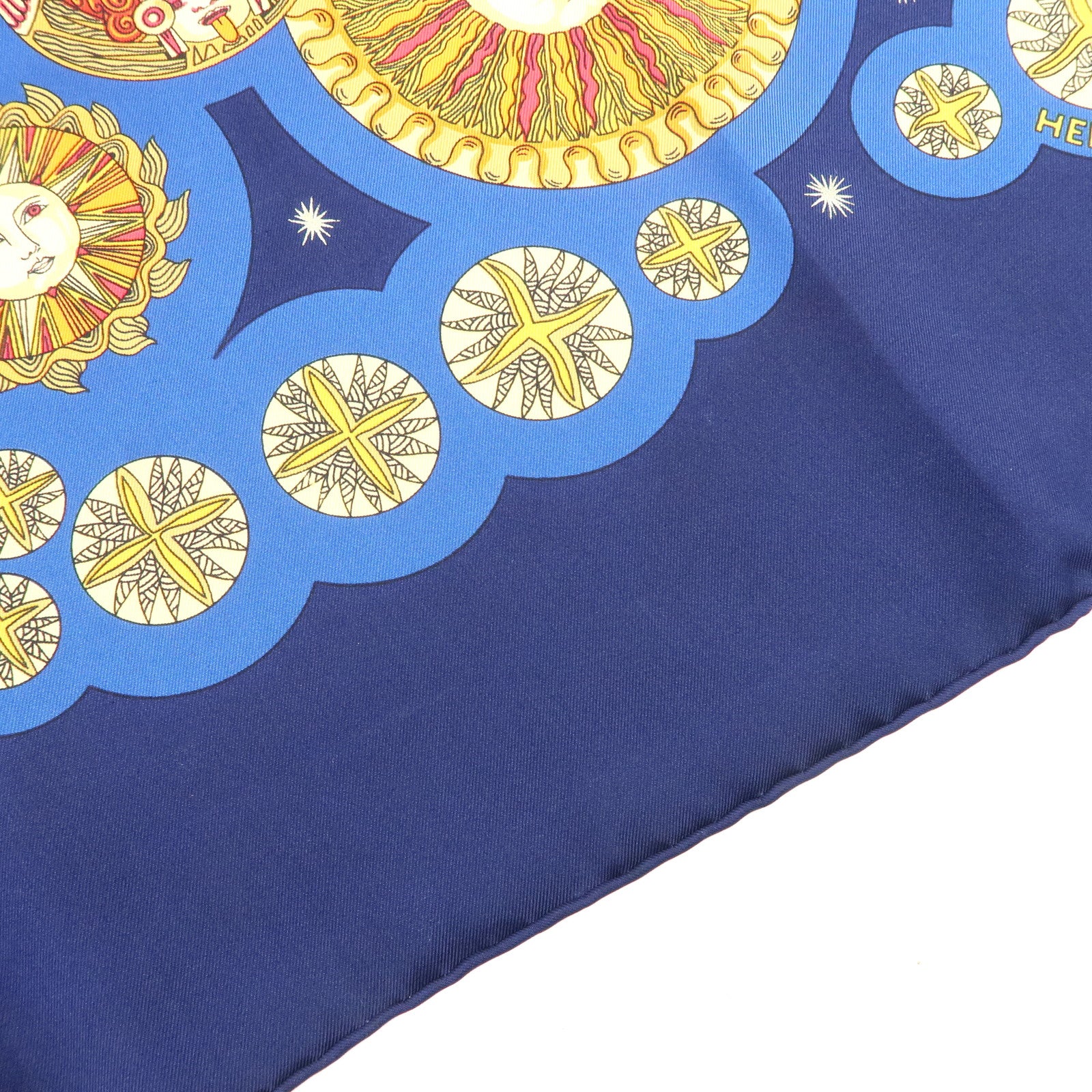HERMES Carre 90 Silk 100% Scarf LE ROY SOLEIL Navy Yellow