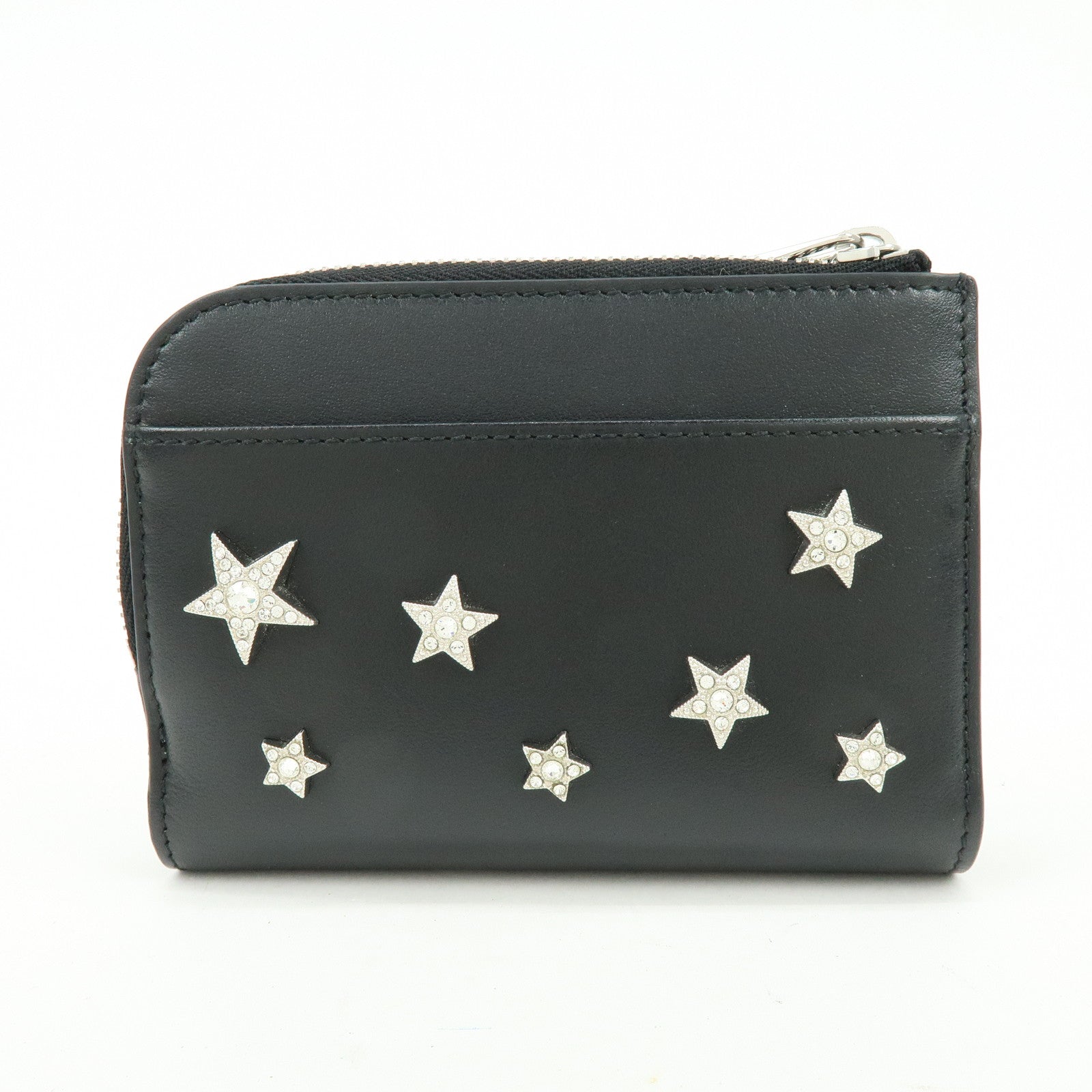 JIMMY CHOO Leather Compact Zippy Wallet Star Studs Black