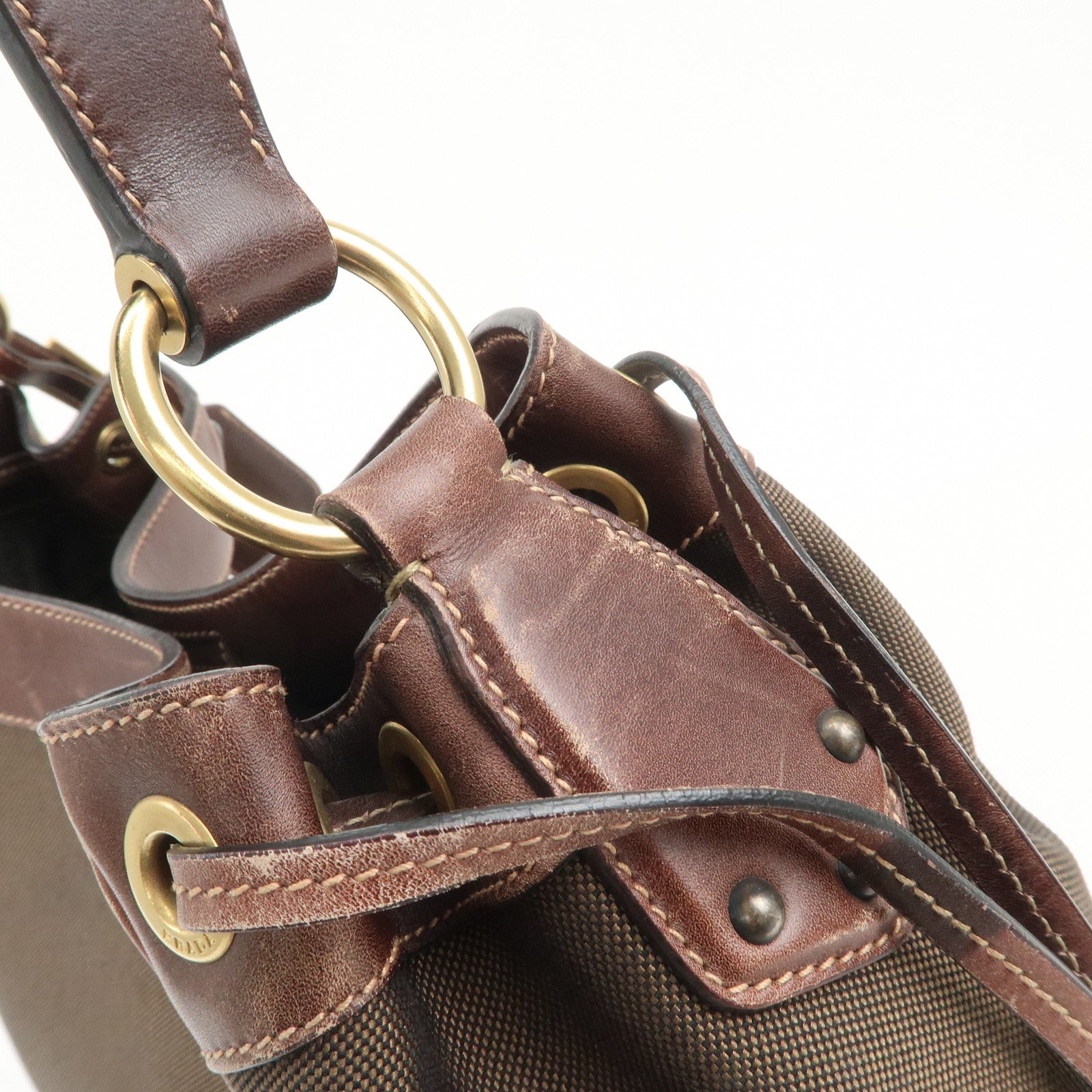 PRADA Triangle Logo Canvas Leather Shoulder Bag Hand Bag Brown