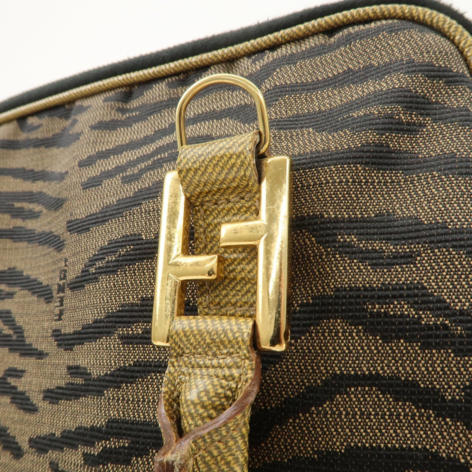 FENDI Leather Canvas 2Way Bag Hand Bag Zebra Print Black Brown Used