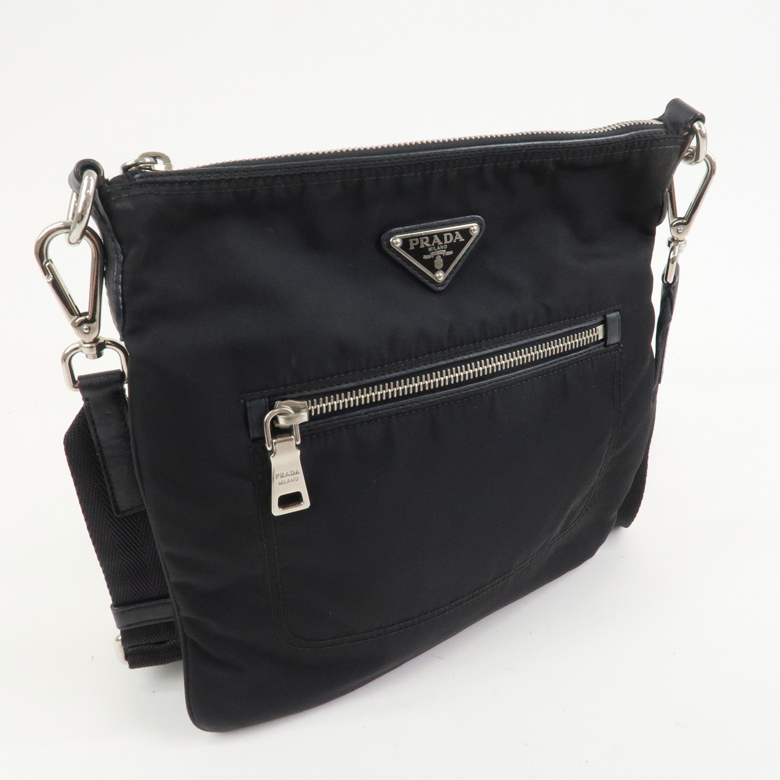 PRADA Triangle Logo Nylon Leather Shoulder Bag Black BT0716