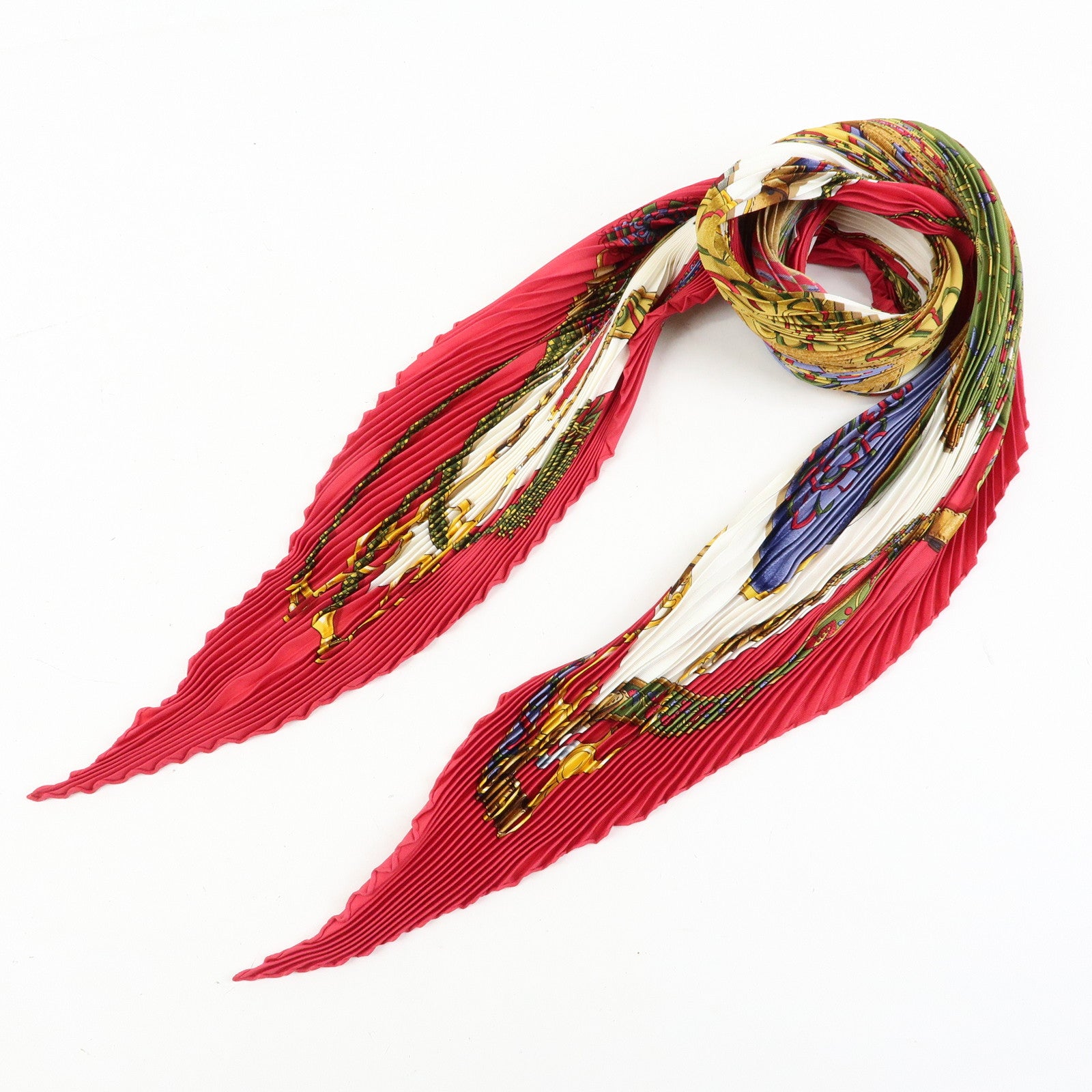 HERMES Pleated Carre 90 Silk 100% Scarf Festival Red
