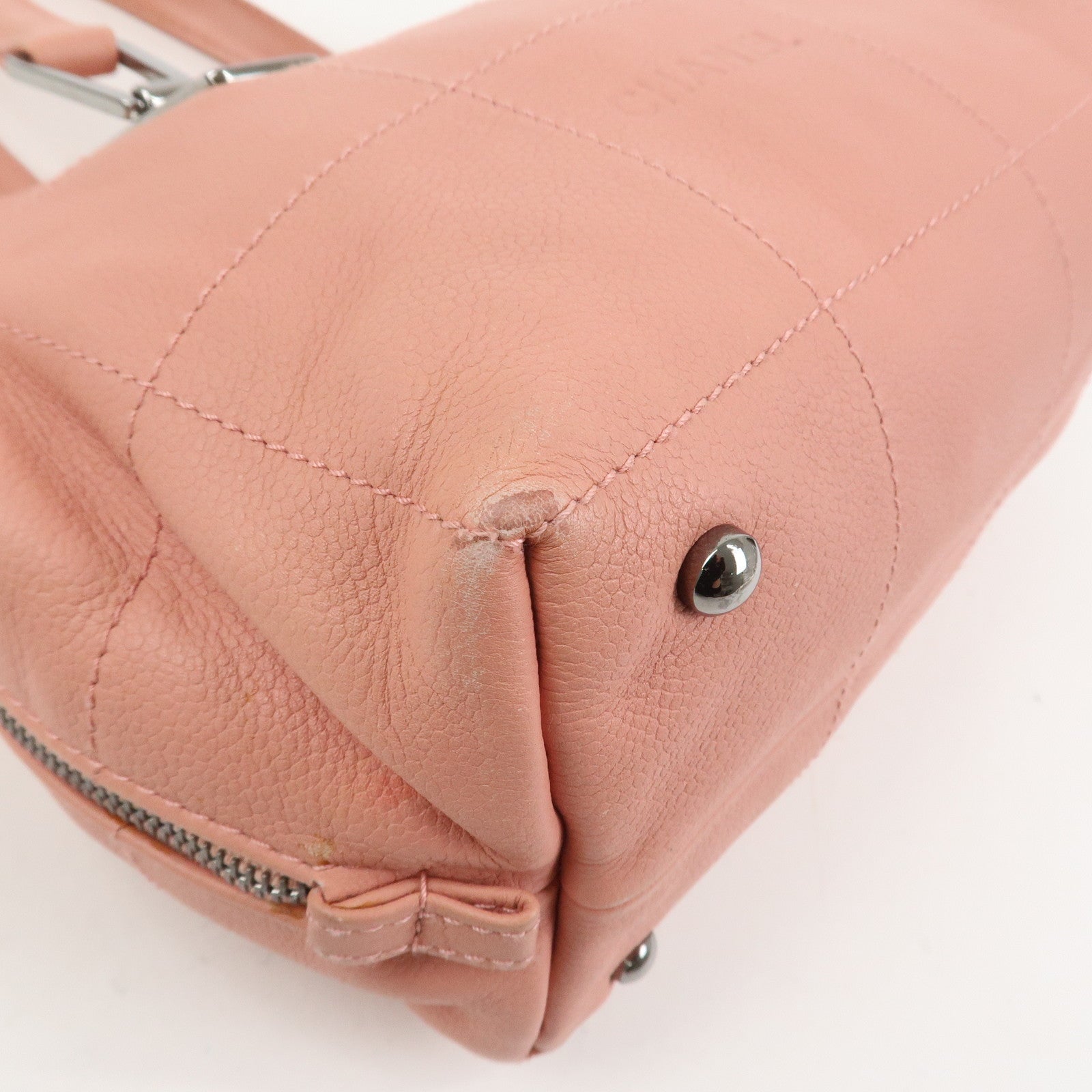 CHANEL Chocolate Bar Calf Leather Boston Bag Hand Bag Pink