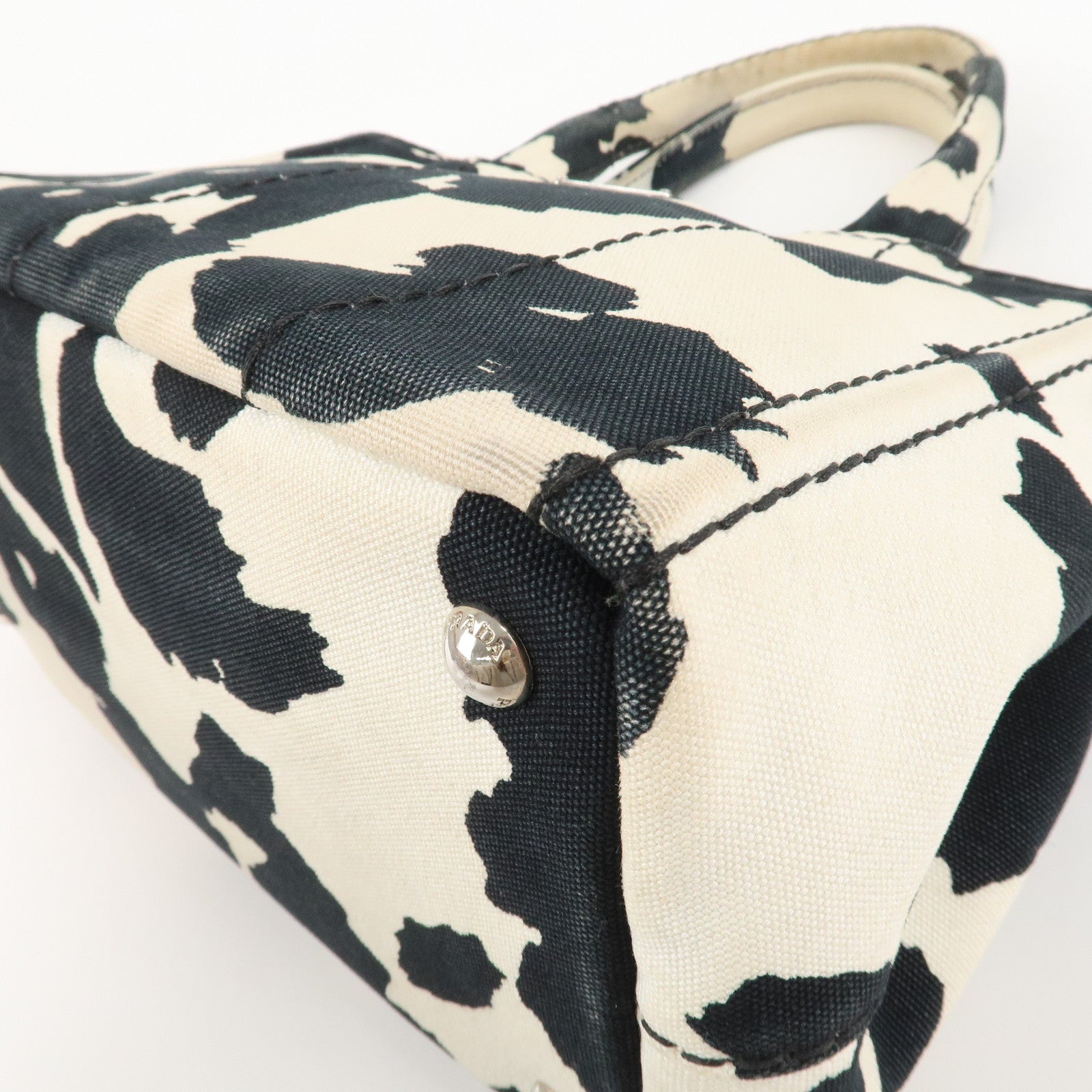 PRADA Logo Canapa Mini Canvas 2Way Bag Hand Bag Black White B2439G Used
