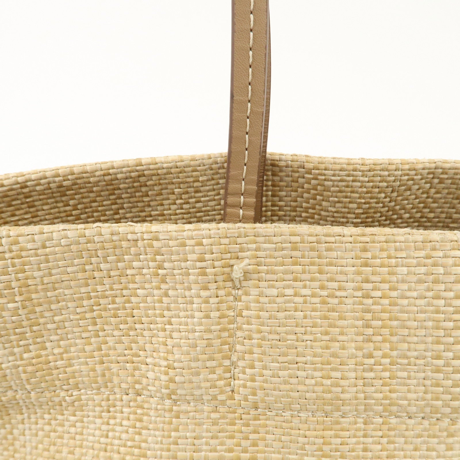 PRADA Leather Raffia Straw Tote Bag Shoulder Bag Beige Used