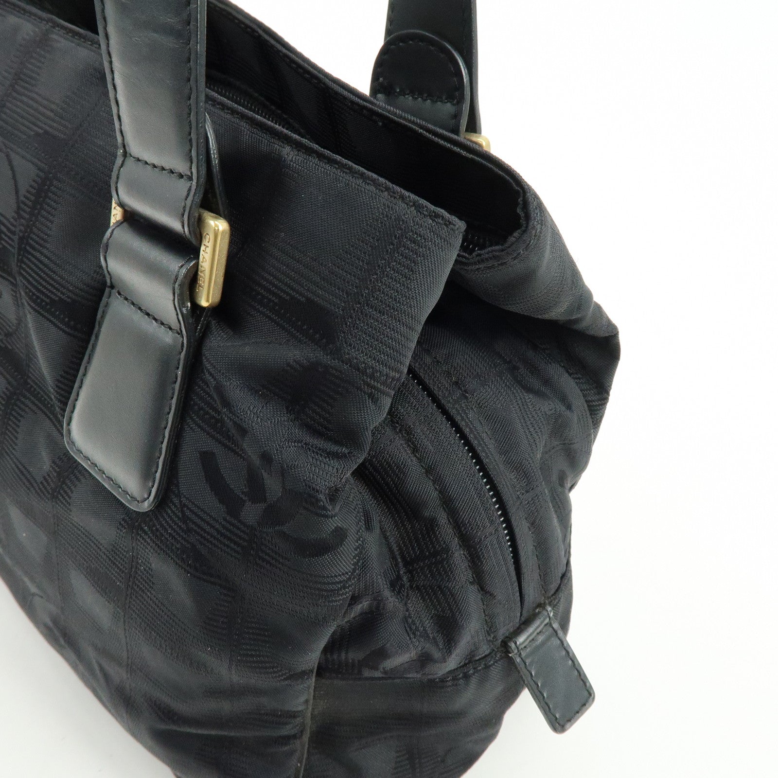 CHANEL New Travel Line Nylon Jacquard Leather Hand Bag Black