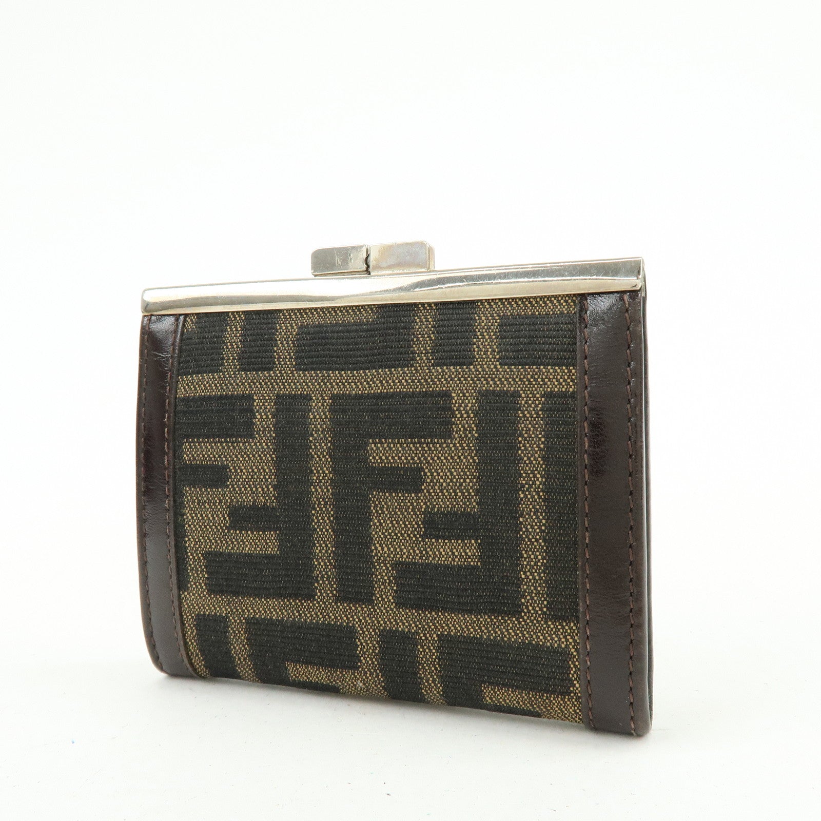 FEND Zucca Canvas Leather Compact Wallet Coin Case Brown