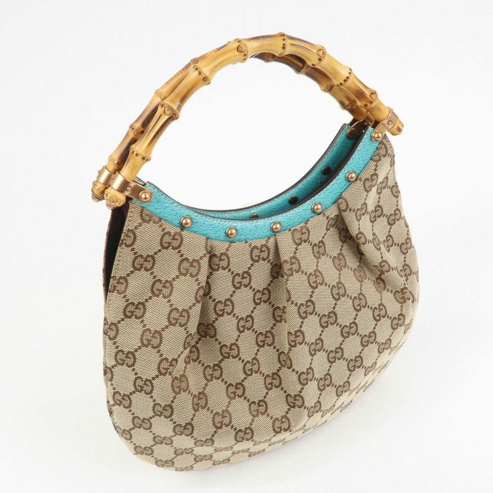 GUCCI Bamboo GG Canvas Leather Hand Bag Brown Light Blue 124297