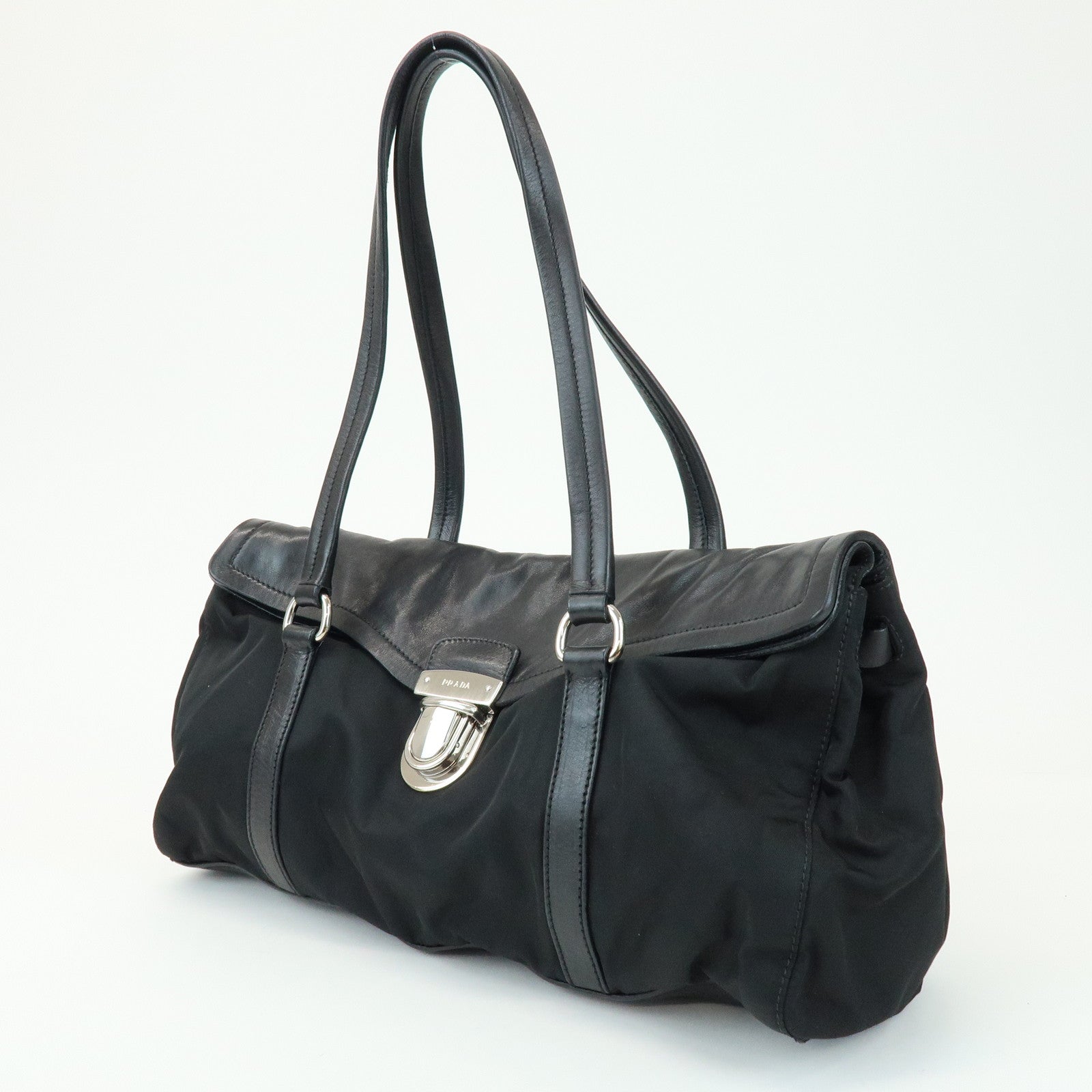 PRADA Triangle Logo Nylon Nappa Leather Shoulder Bag Black BR2613