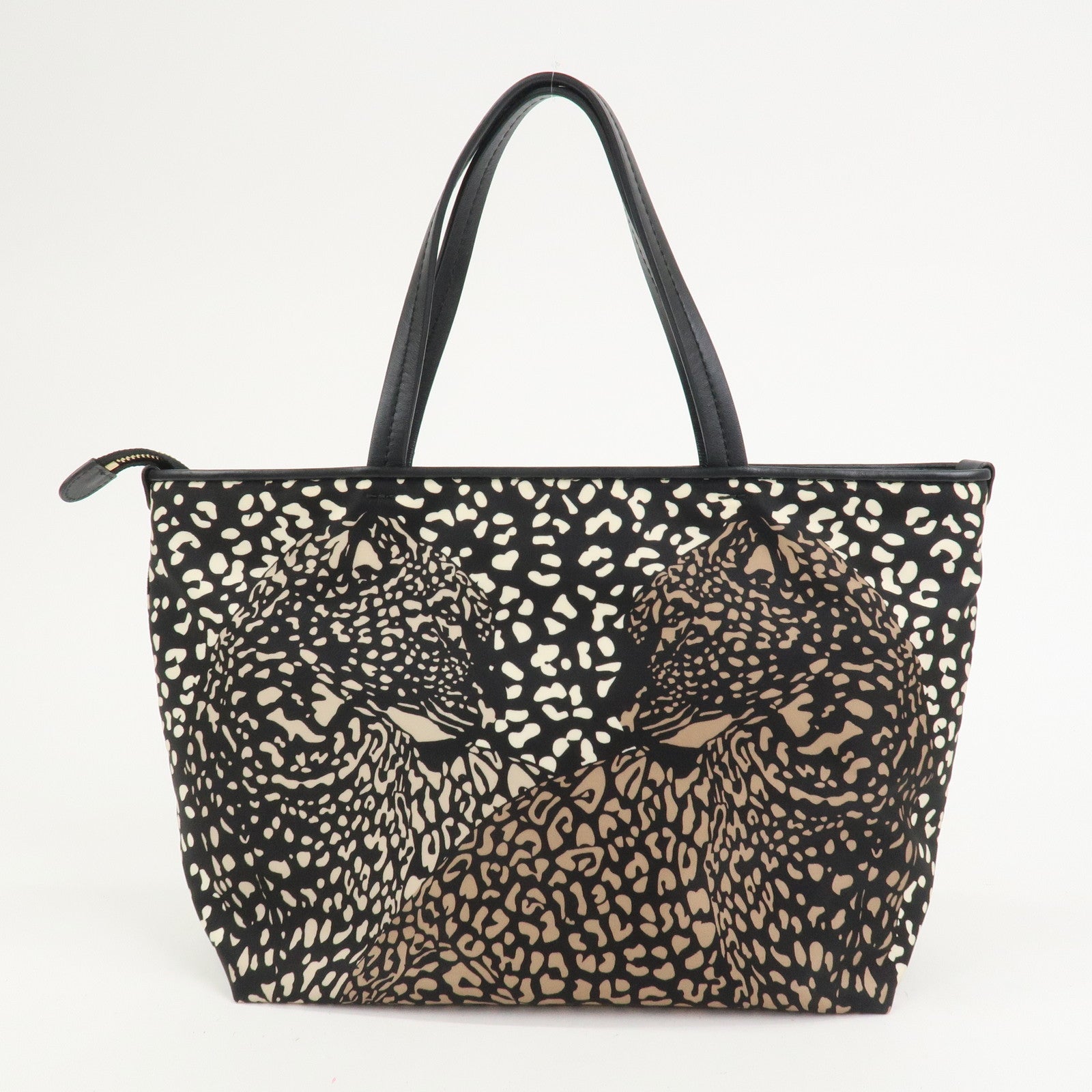 Ferragamo Gancini Nylon Leather Tote Bag Hand Bag Leopard Black