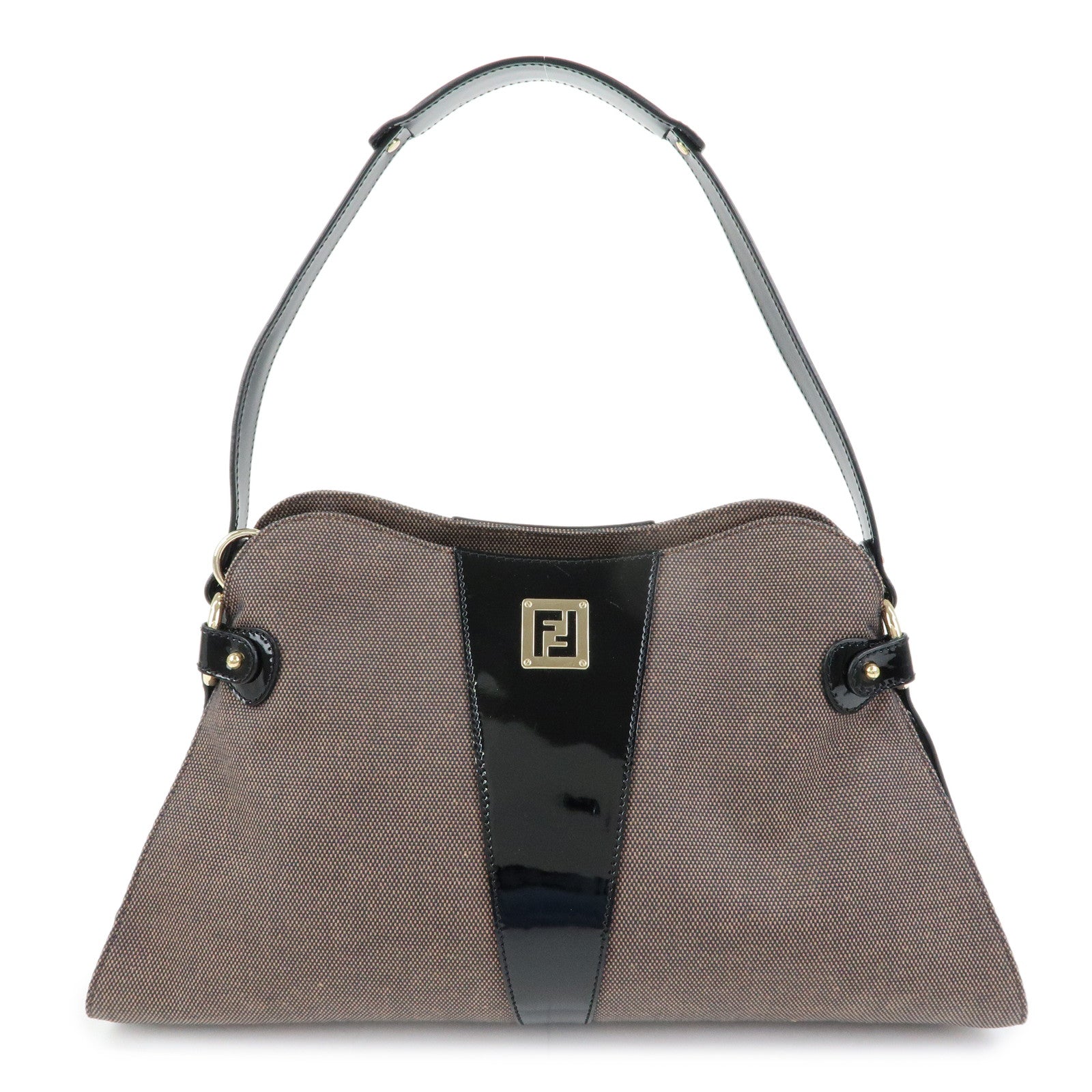 FENDI Canvas Patent Leather Shoulder Hand Bag Brown Black 8BR421