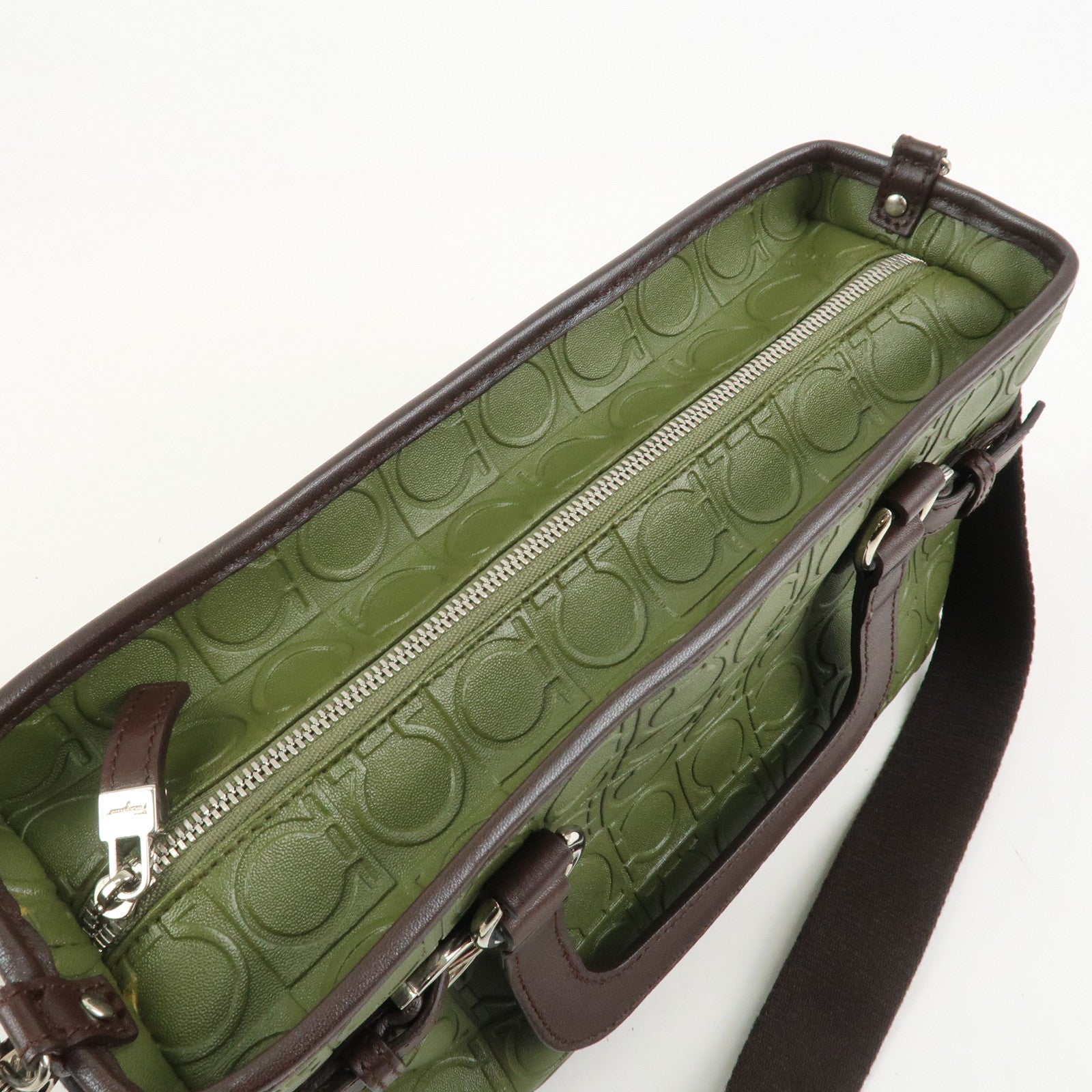 Ferragamo Gancini Embossed Leather 2Way Hand Shoulder Bag Green