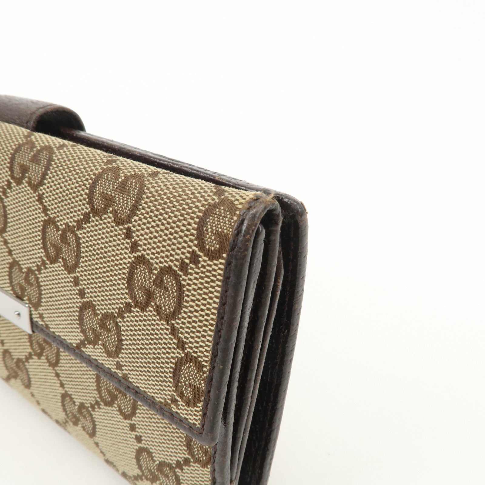 GUCCI GG Canvas Leather Bi-fold Long Wallet Dark Brown 112715 Used