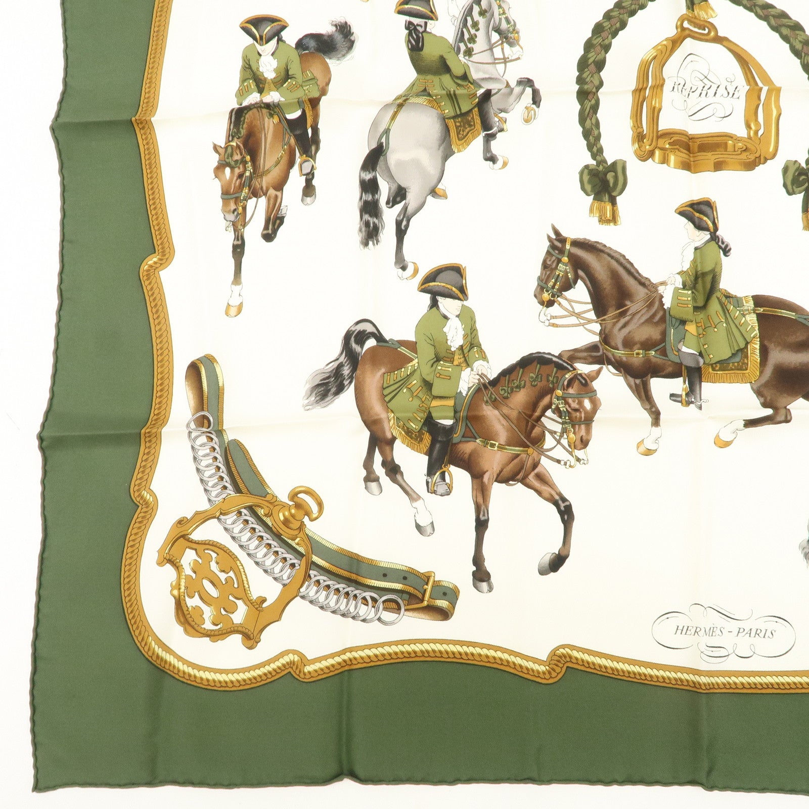 HERMES Carre 90 Silk 100% Scarf REPRISE Brown Khaki White Used