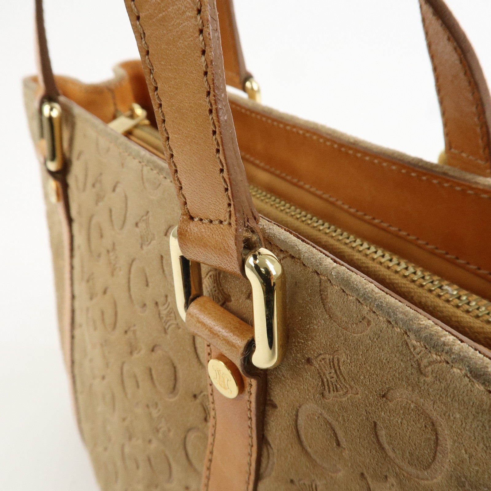CELINE C Macadam Suede Leather Hand Bag Tote Bag Brown Gold HDW