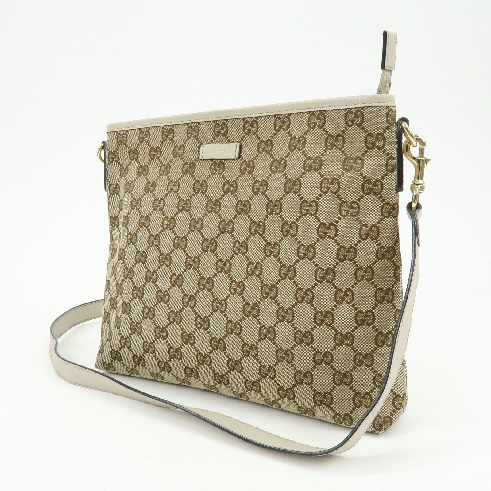 GUCCI GG Canvas Leather Shoulder Crossbody Bag Beige White 388924