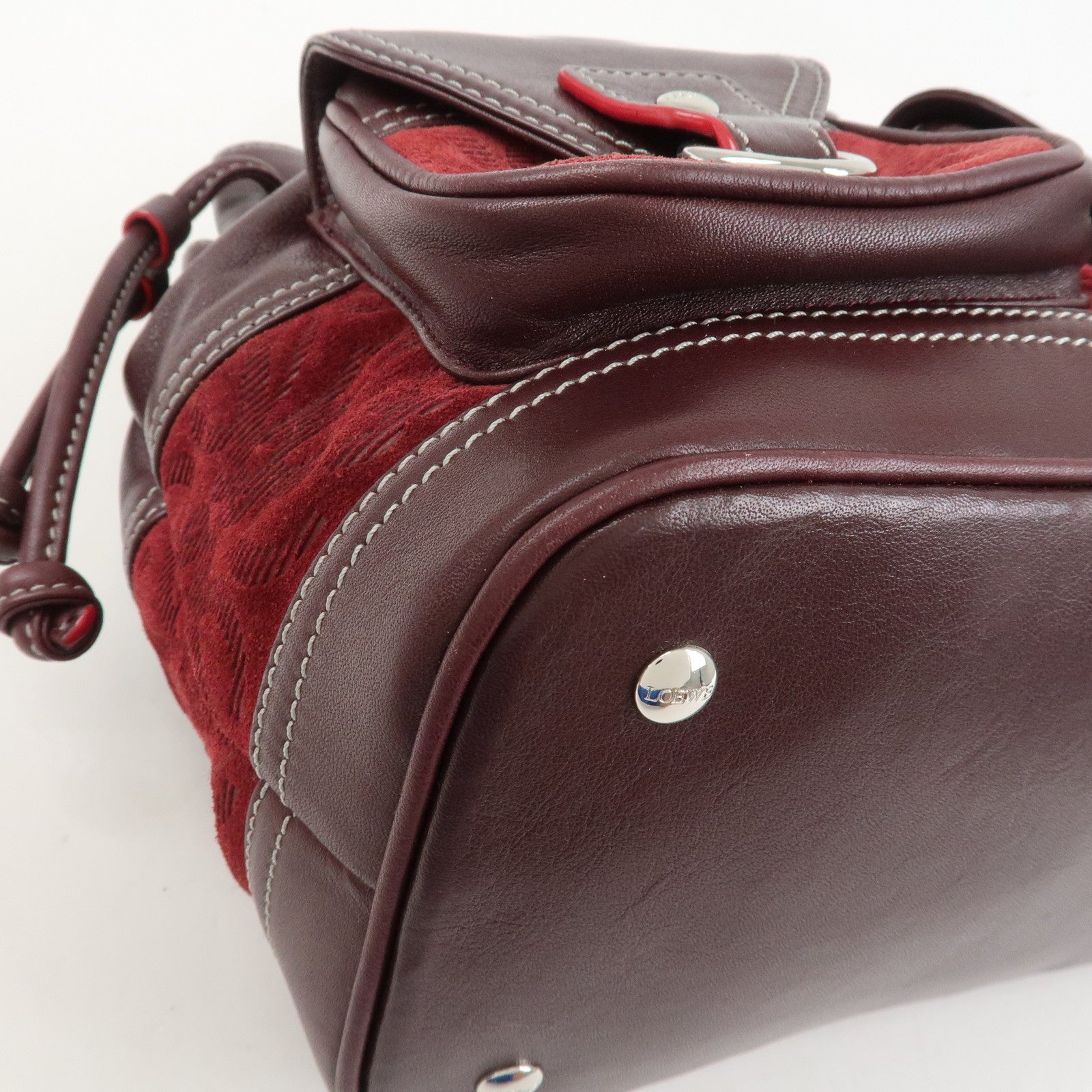 LOEWE Anagram Logo Leather Suede Hand Bag Brown Bordeaux