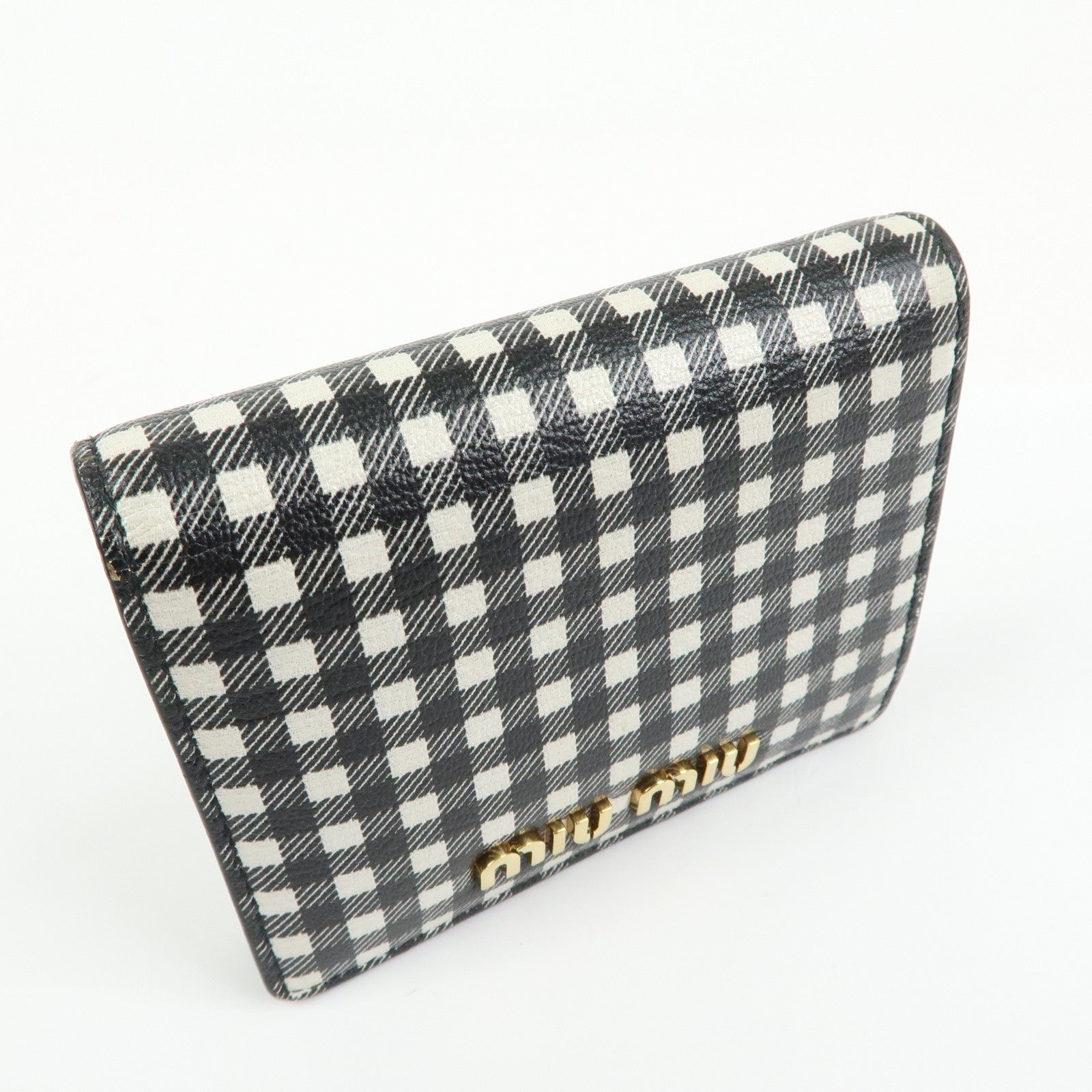 MIU MIU PVC Gingham Bi-fold Compact Wallet Black White 5MV204