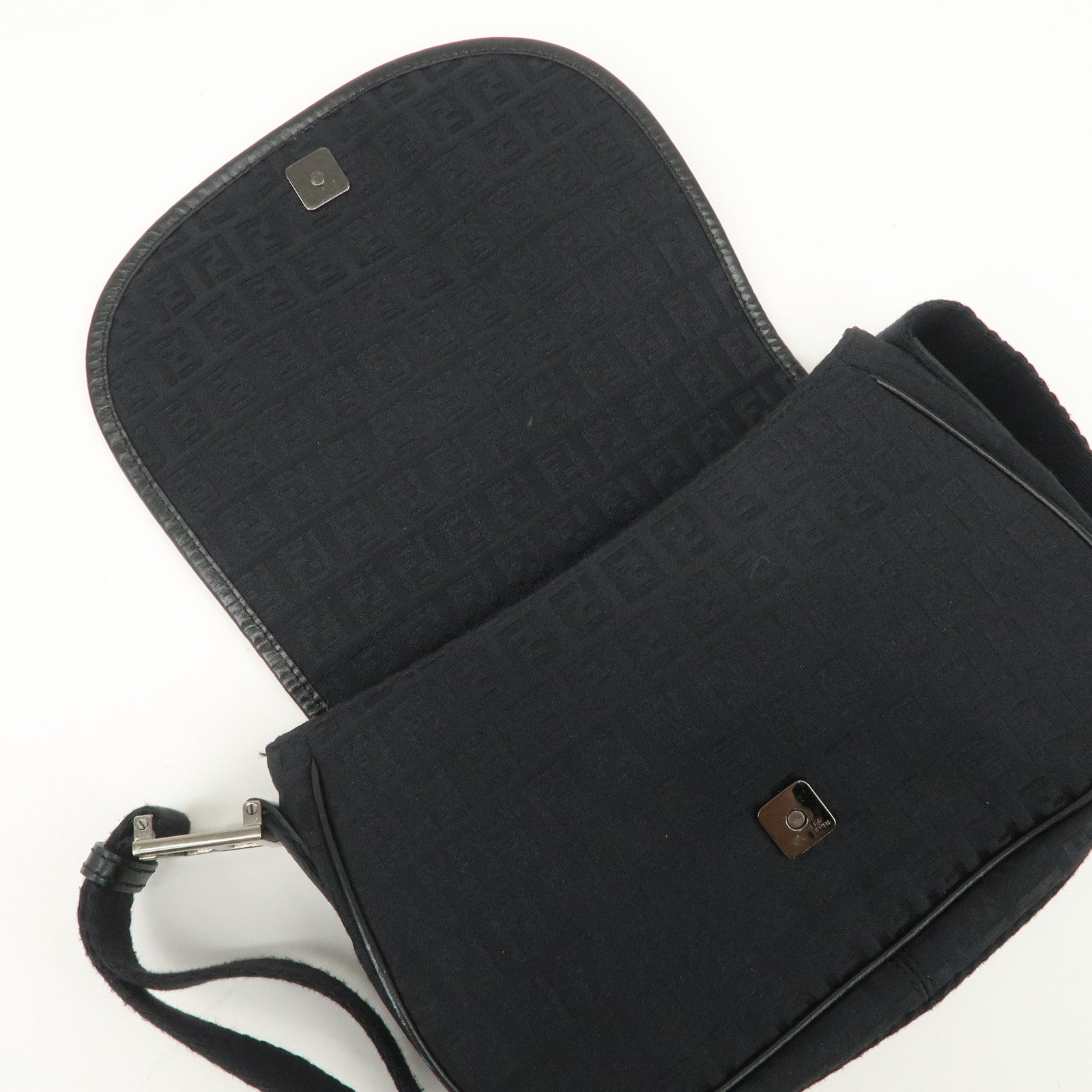 FENDI Zucchino Canvas Leather Shoulder Bag Black 8BR320