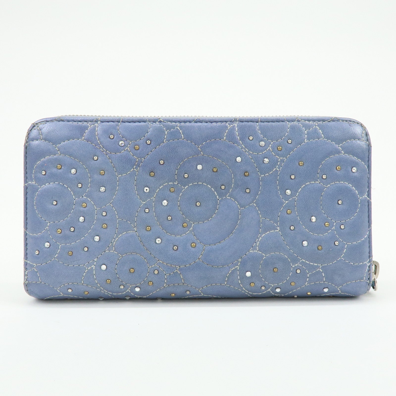CHANEL Camellia Lamb Skin Round Zippy Wallet Light Blue A82281