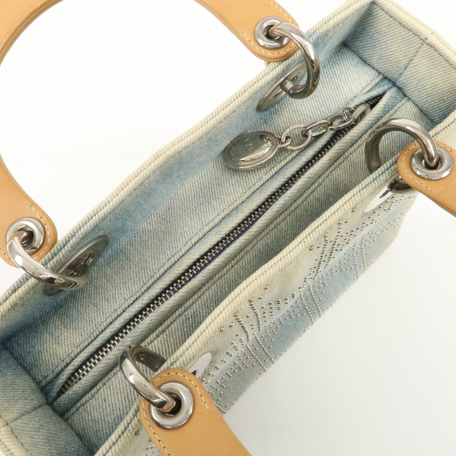 Christian Dior Cannage Leather Denim 2 Way Tote Bag Studs Beige Blue