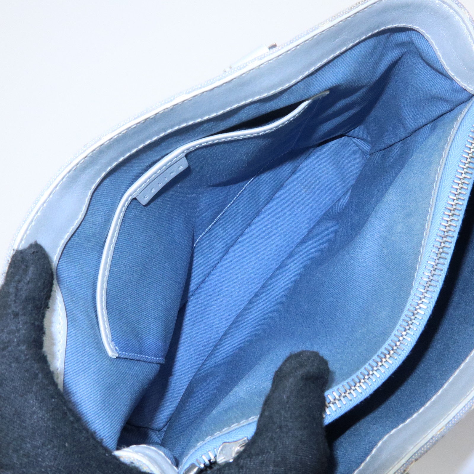 CELINE C Macadam Canvas Leather Tote Bag Hand Bag Light Blue Silver