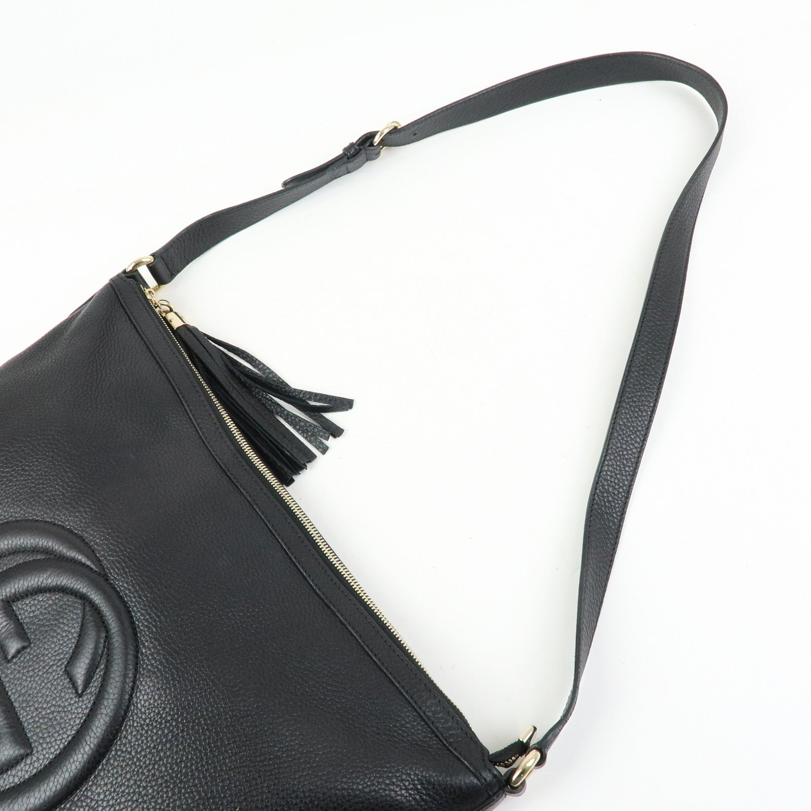 GUCCI Interlocking G Leather Shoulder Bag Fringe Black 295175