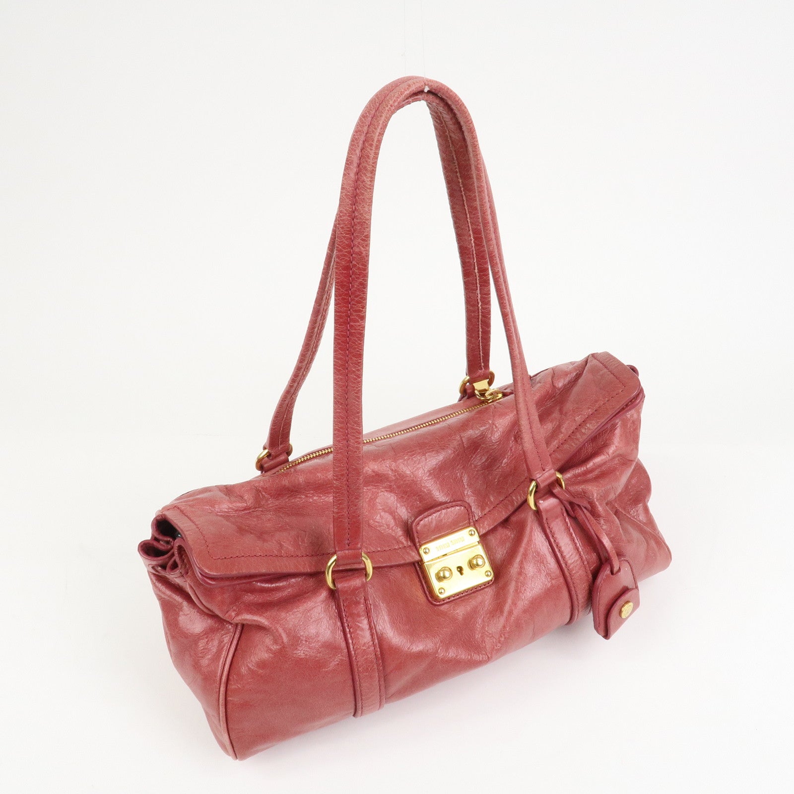 MIU MIU Logo Leather Shoulder Bag Boston Bag Pink RR1941