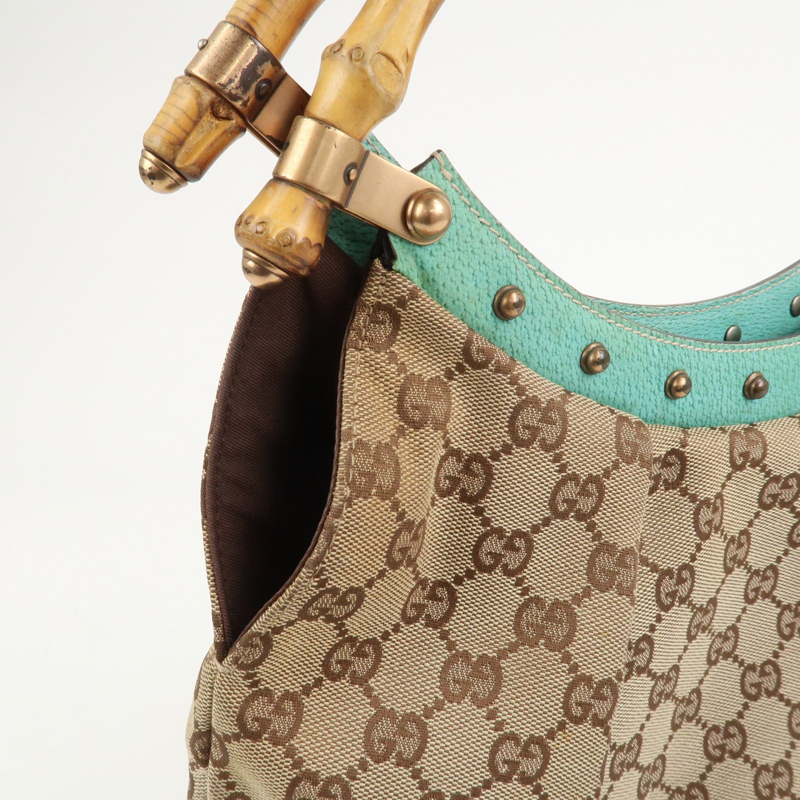 GUCCI Bamboo GG Canvas Leather Shoulder Bag Hand Bag Beige 124293