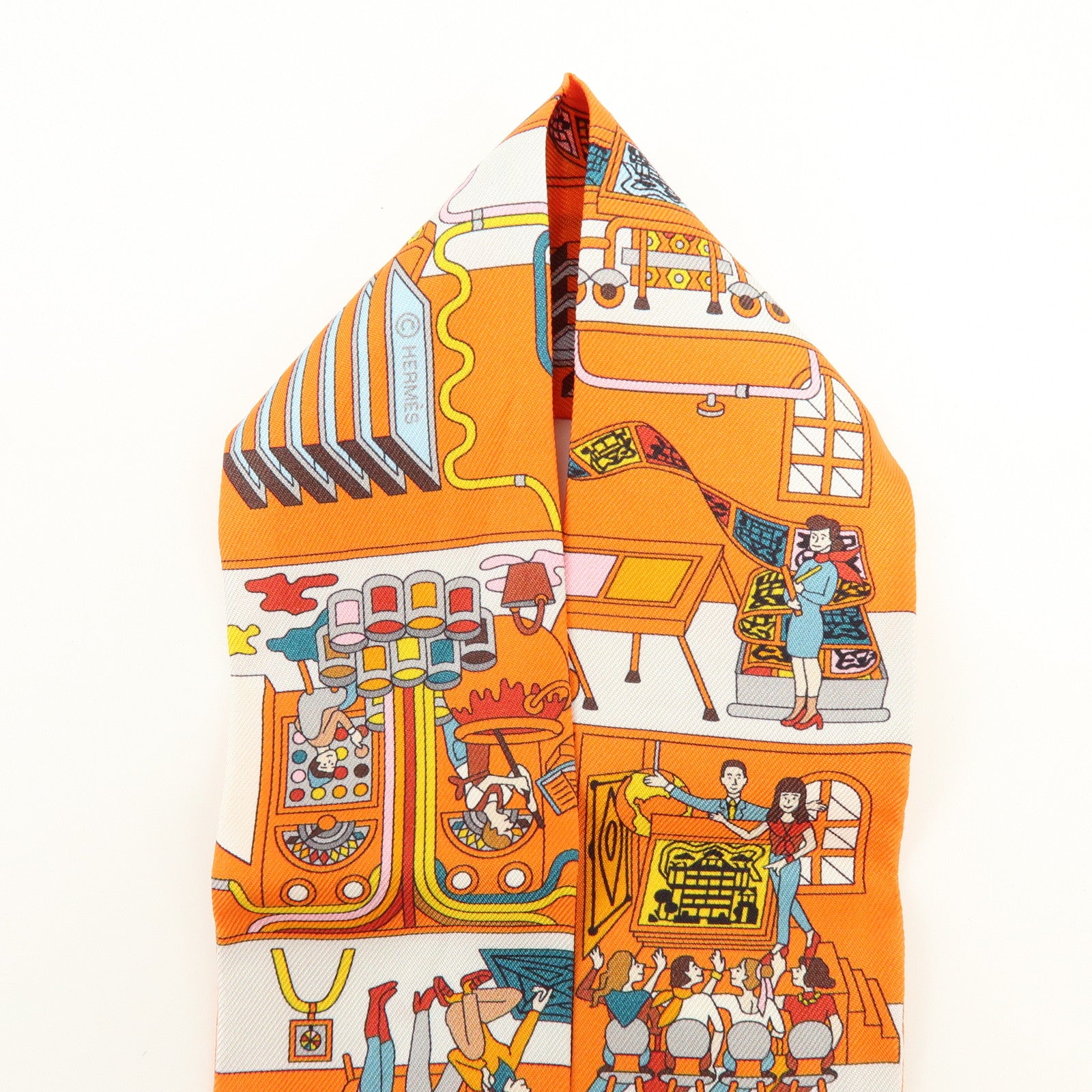 HERMES Twilly Silk 100% La Maison Des Carres Scarf Orange Pink