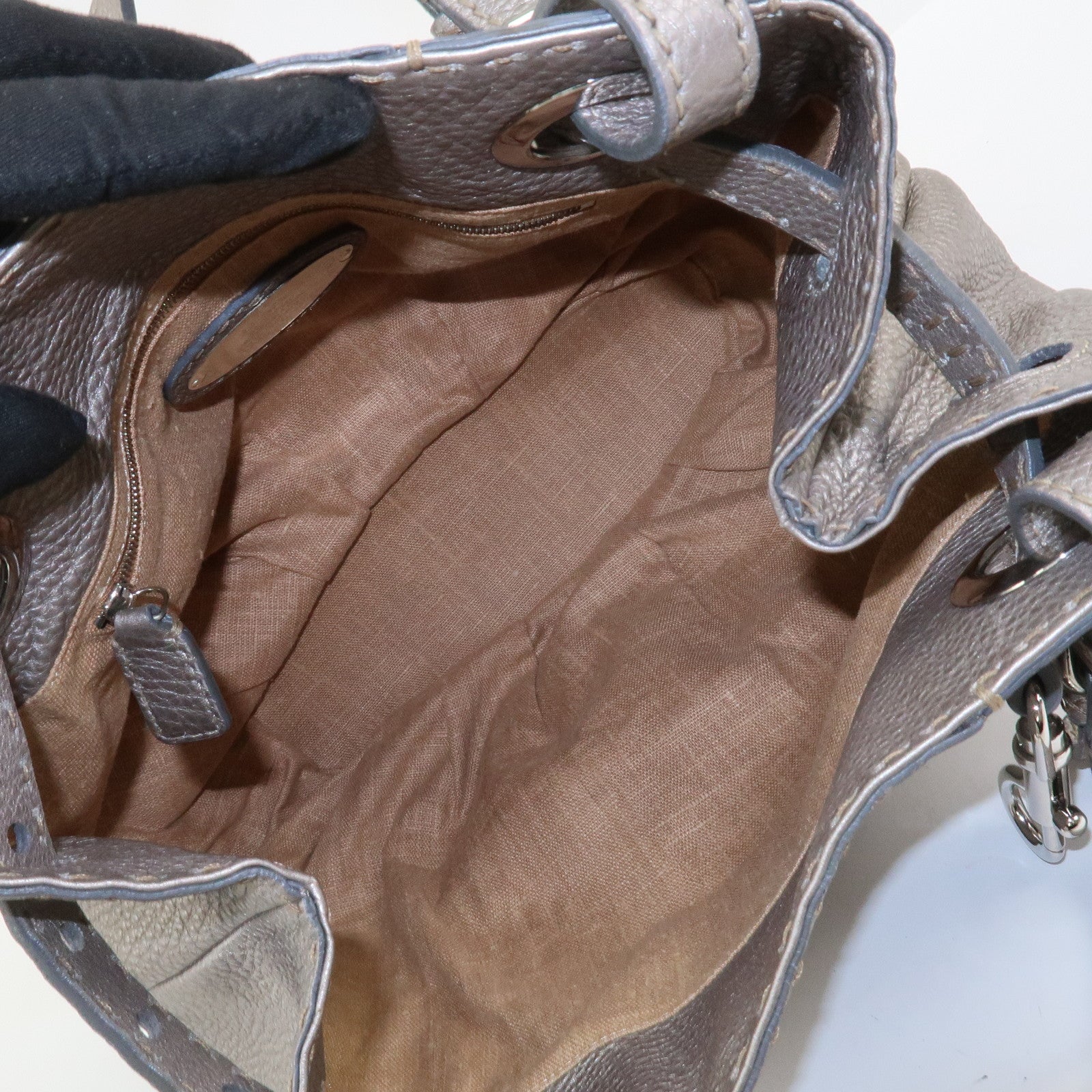 FENDI Selleria Leather Hand Bag Shoulder Bag Silver 8BR595