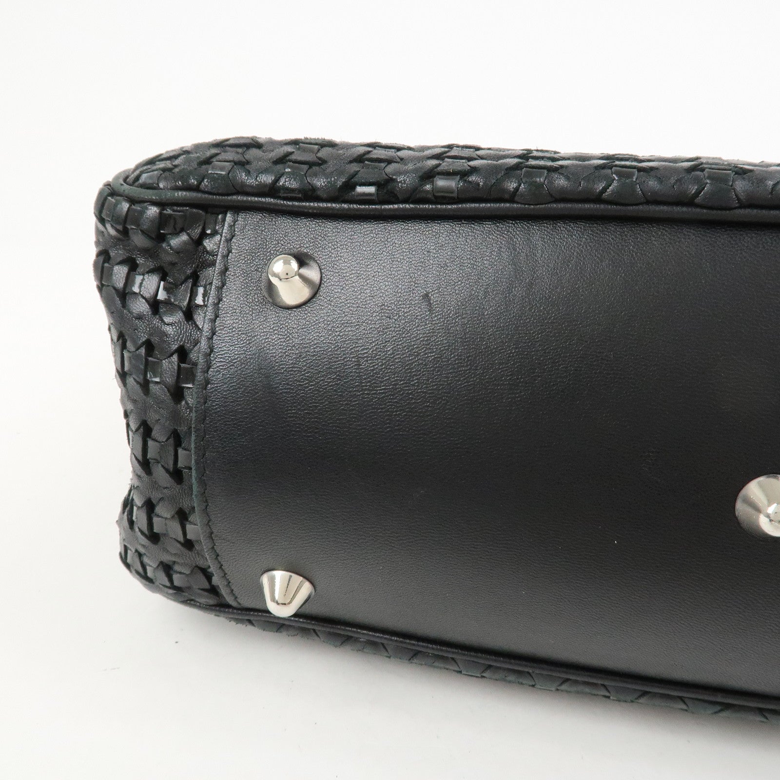 Christian Dior Woven Leather Logo Charm Chain Tote Bag Black