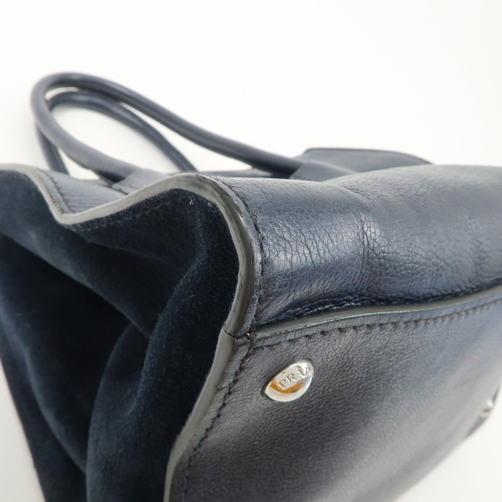 PRADA Triangle Logo Leather 2Way Bag Tote Bag Hand Bag Navy B2625M