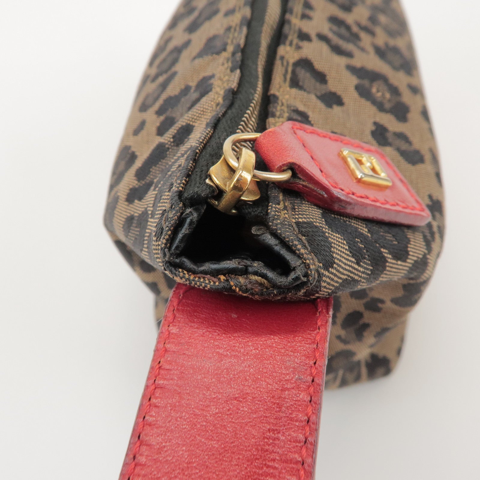 FENDI Canvas Leather Leopard Hand Bag Cosmetic Pouch Brown 26360